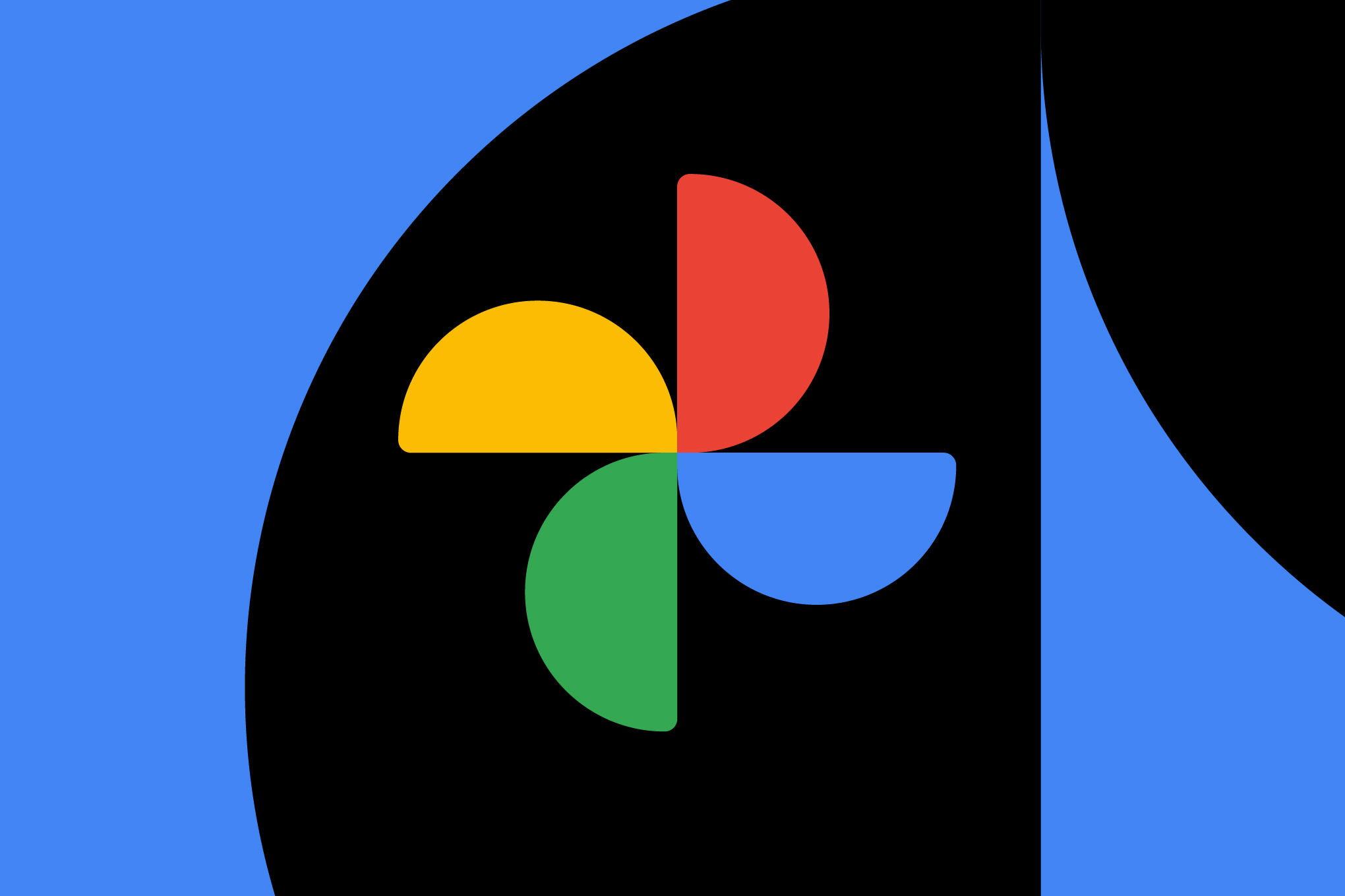 Google Photos logo on a graphic multicolored background.