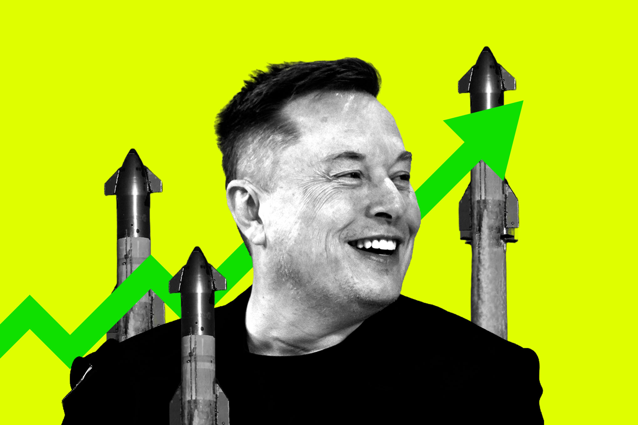 Elon Musk smiling with big green arrow and Space X rockets.