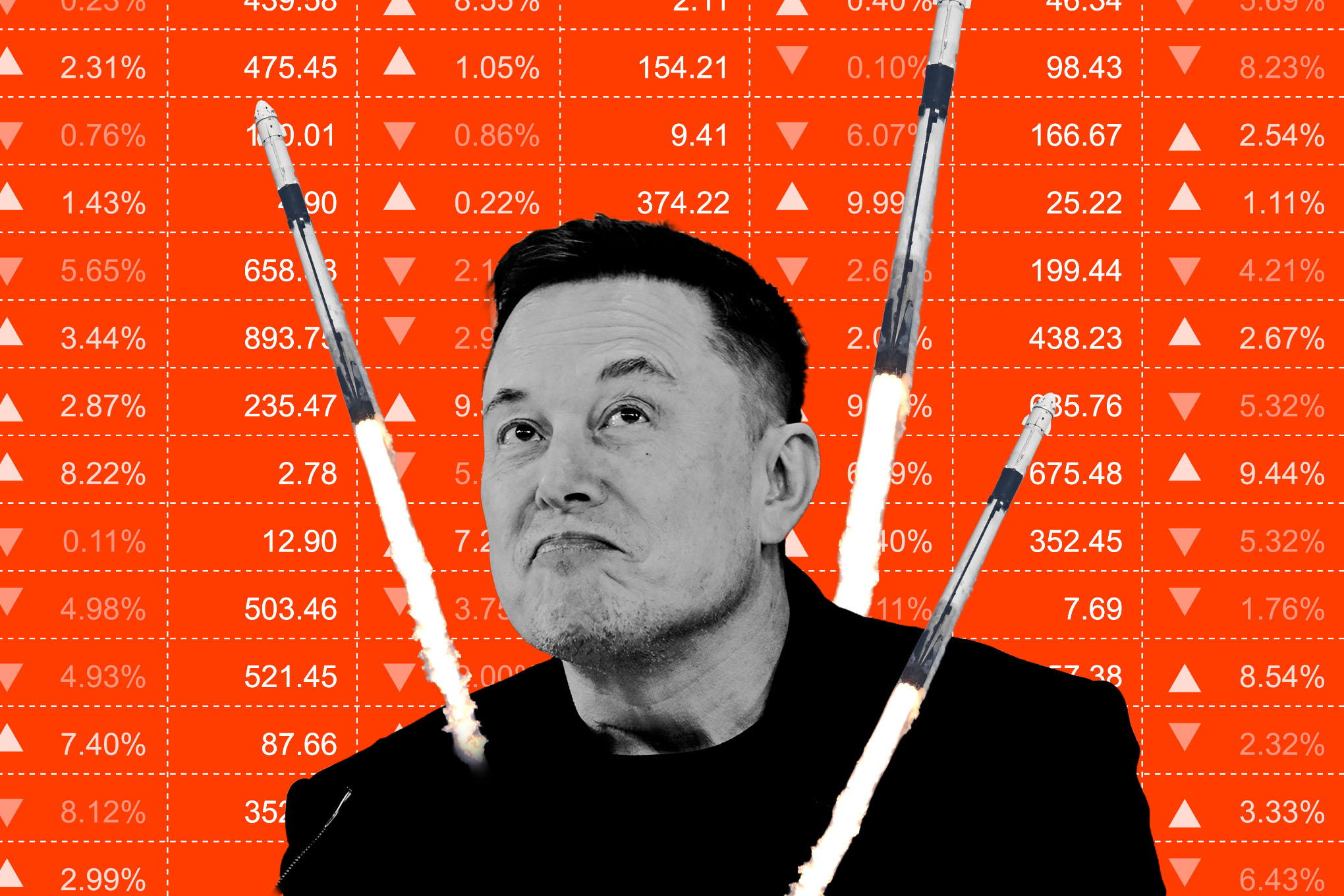 Elon Musk looking up with stock tickers and Space X rockets.