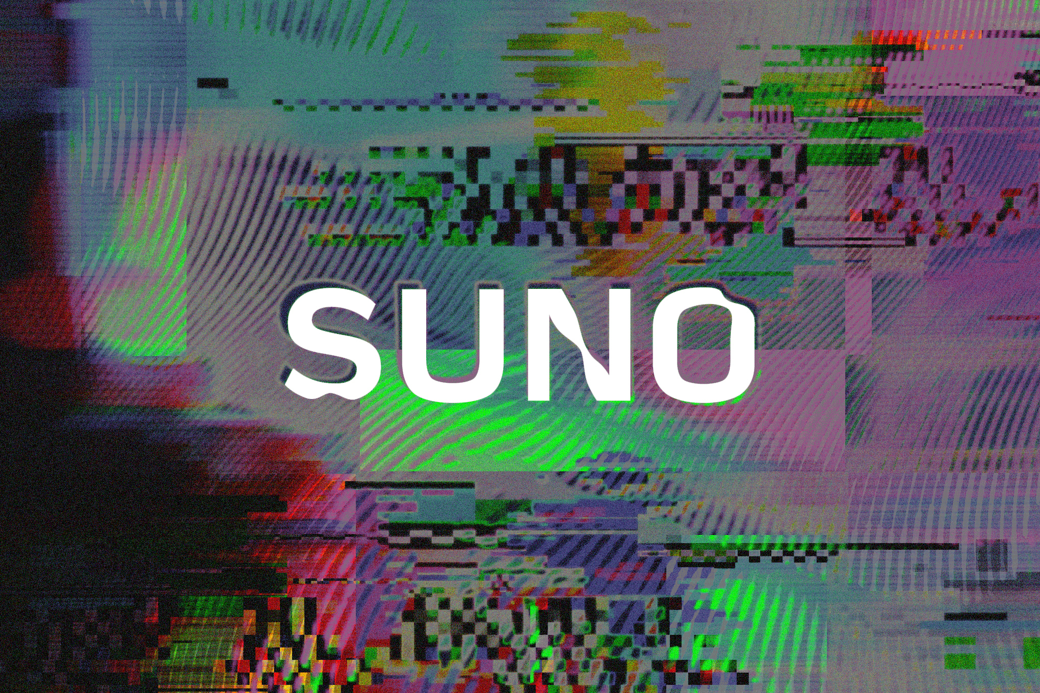 Suno logo on a glitchy backgrounds.