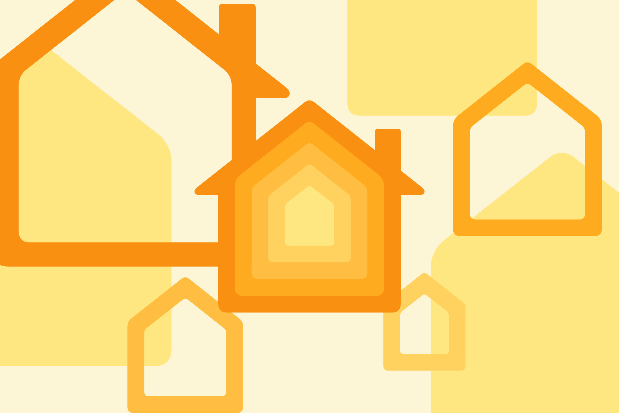 The Apple Home app icon on a graphic orange and yellow background.