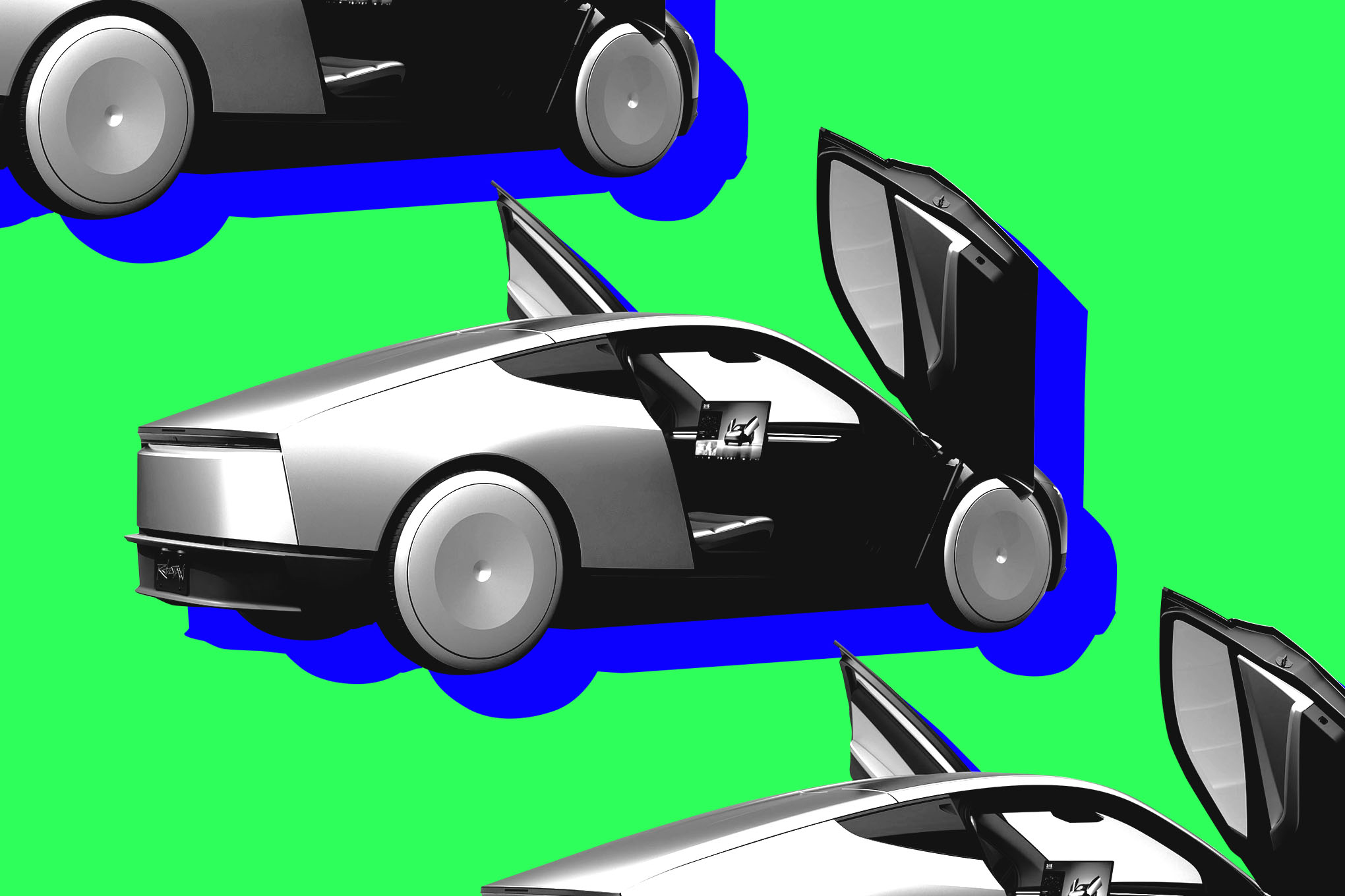 A metal Tesla car with its doors open, swinging upwards, on a green background.