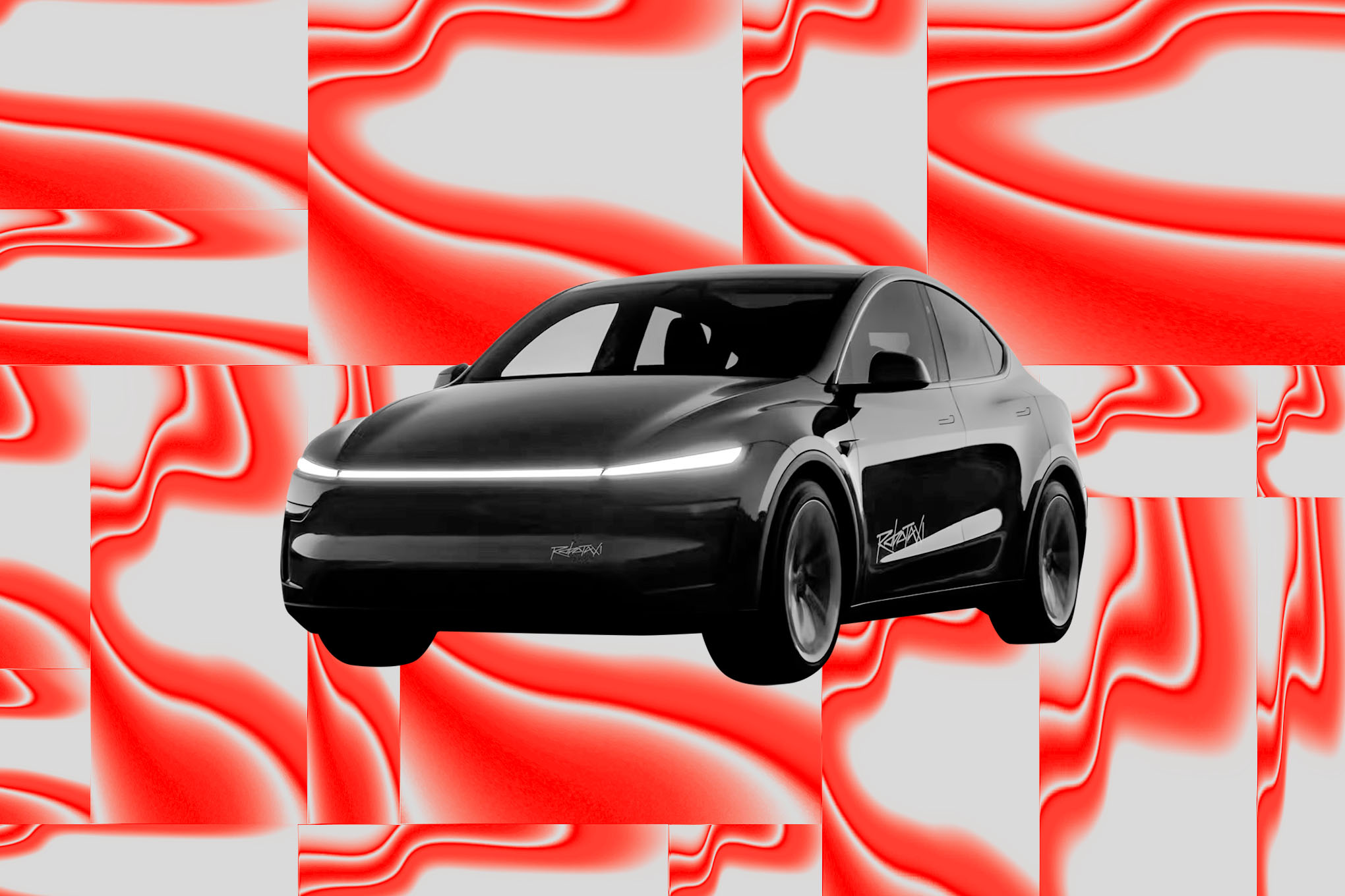Tesla Robotaxi on a graphic red background.