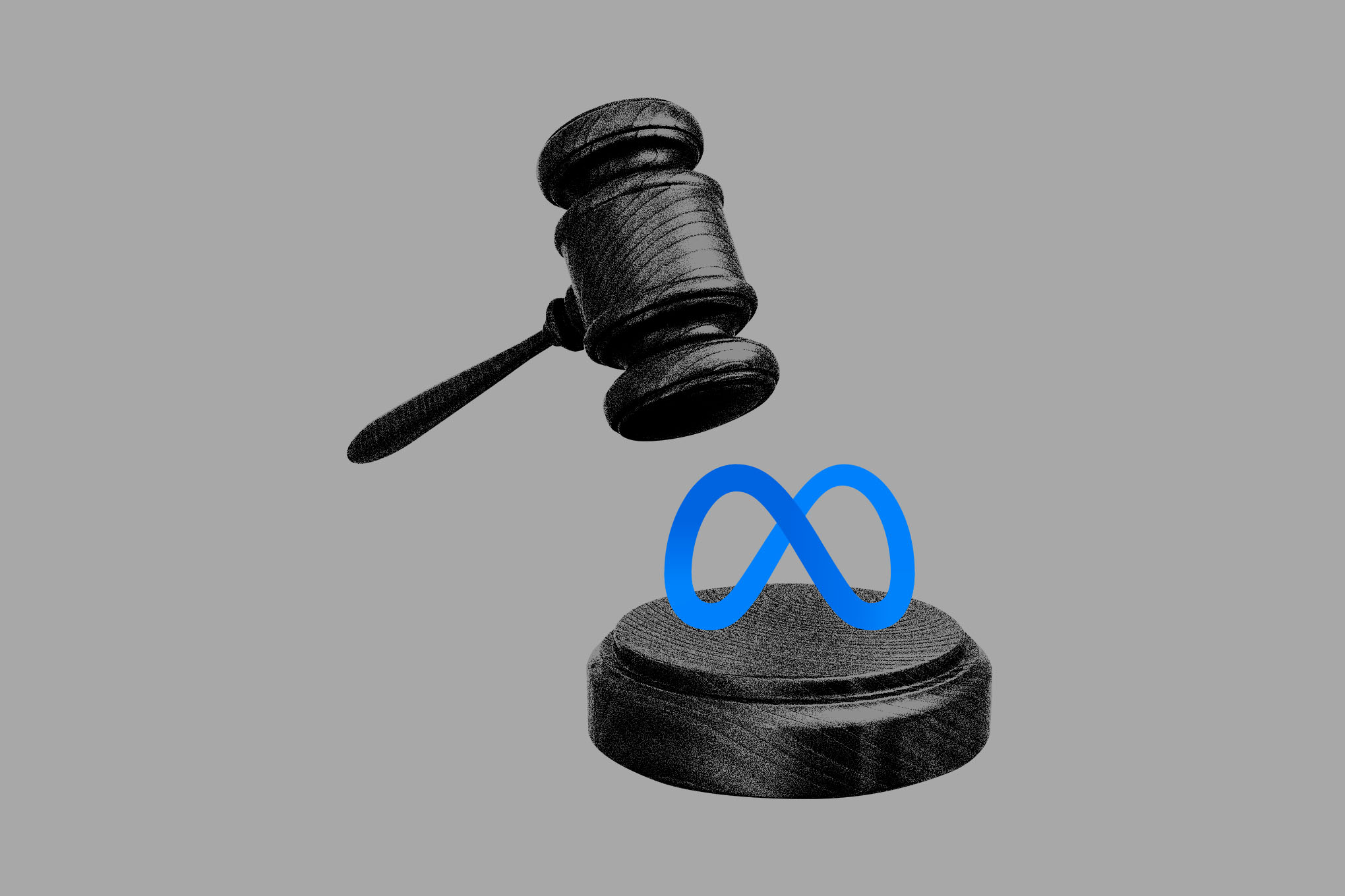 Photo illustration of a gavel about to hit the Meta logo.