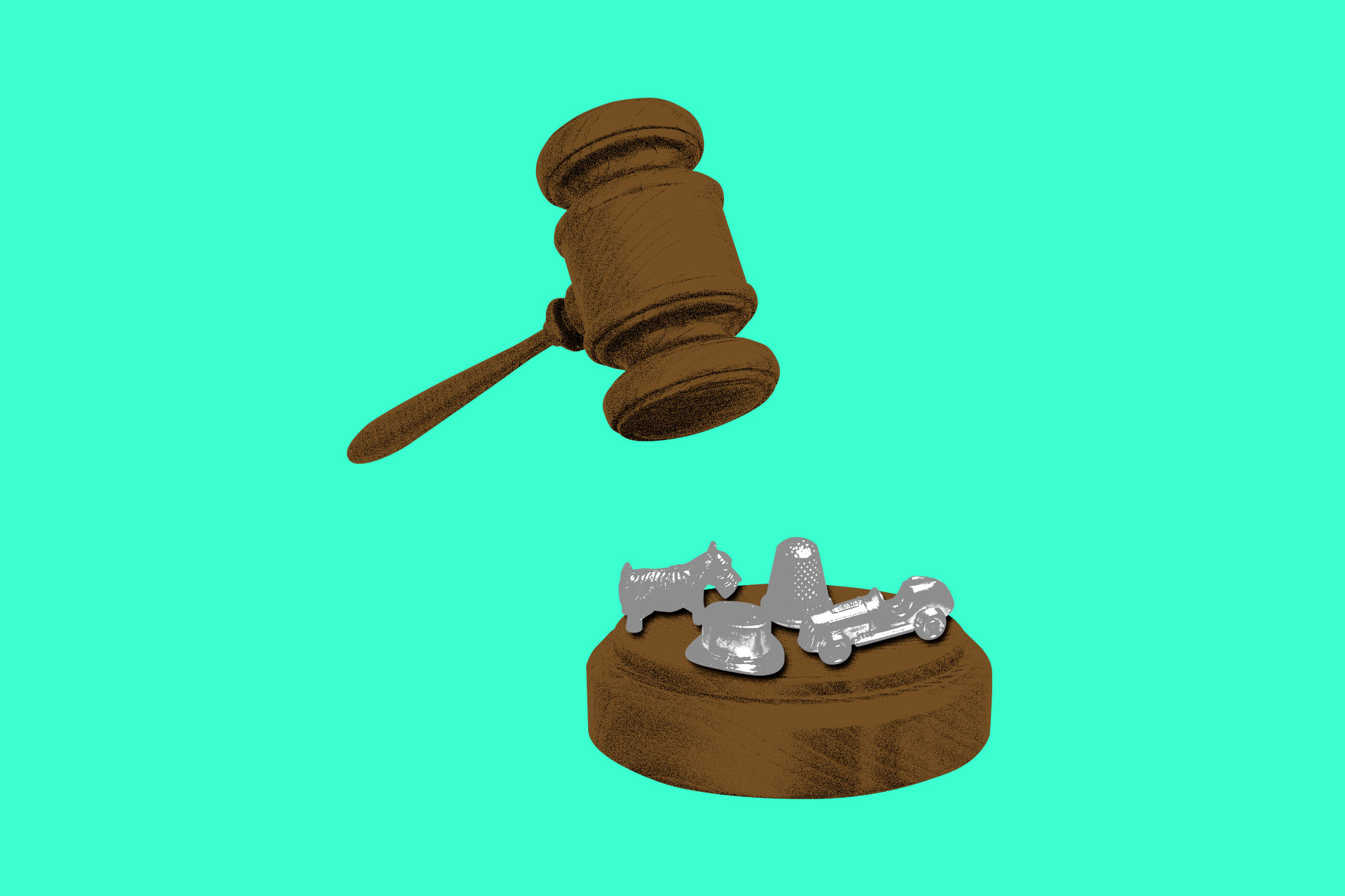 Photo illustration of a gavel about to hit Monopoly game pieces.