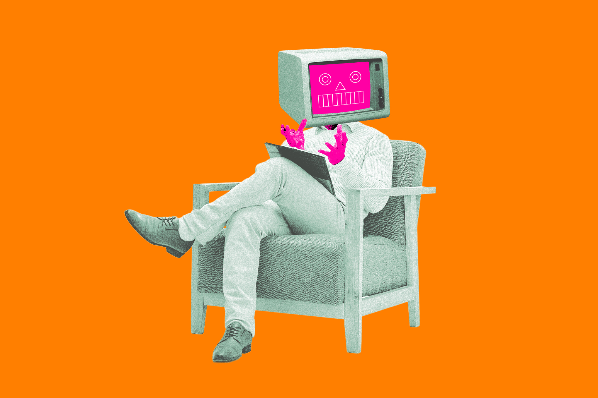 An illustration of a robot psychiatrist on an orang background