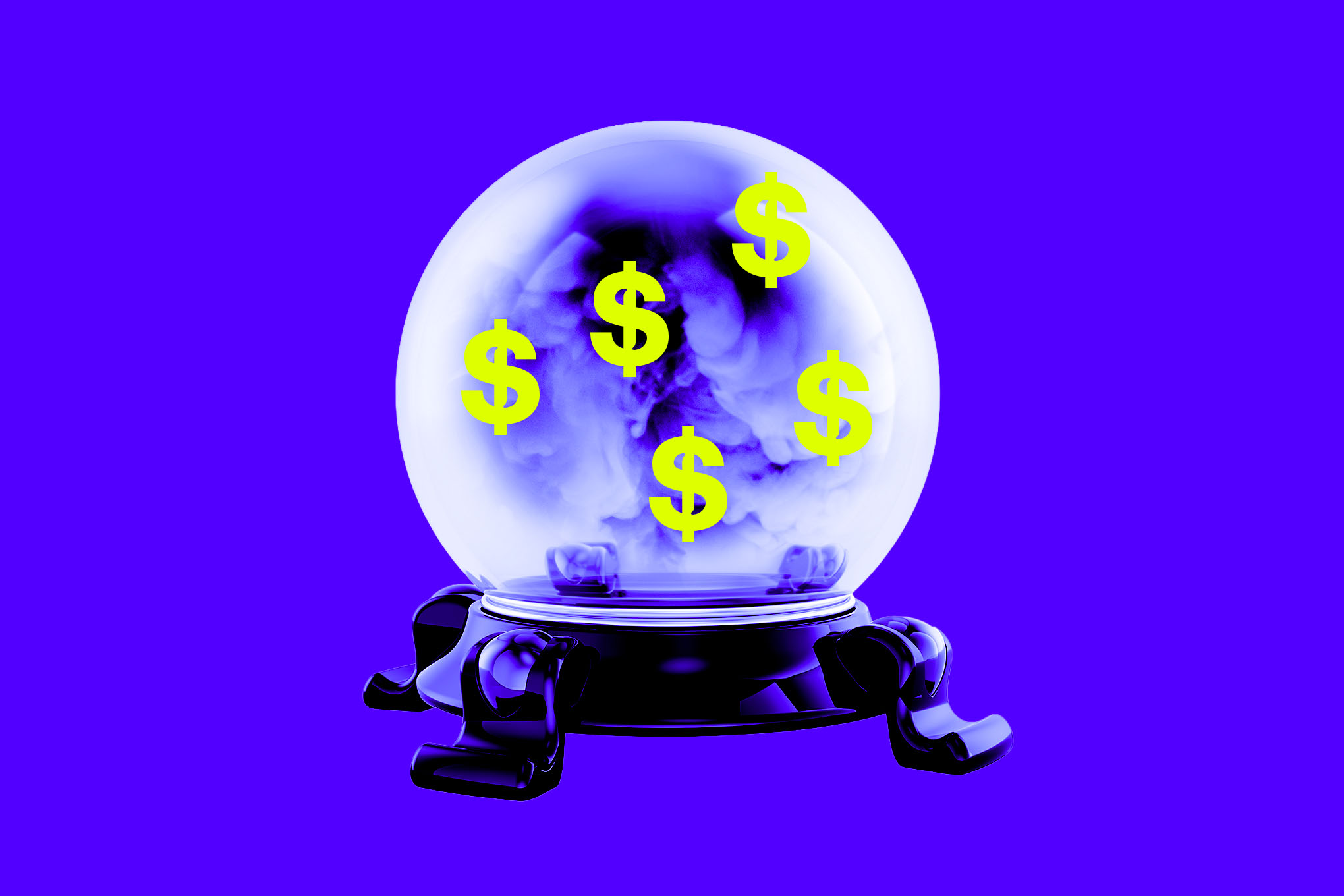 Crystal ball with money signs in it.