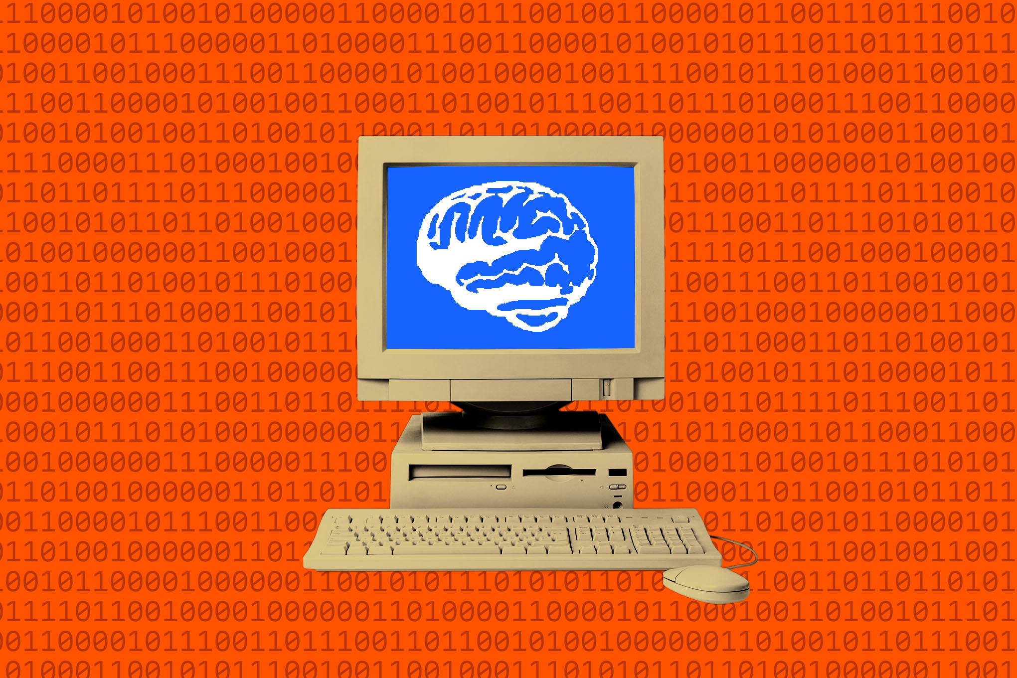 A vintage computer on a background of 1s and 0s with a brain on the screen representing AI