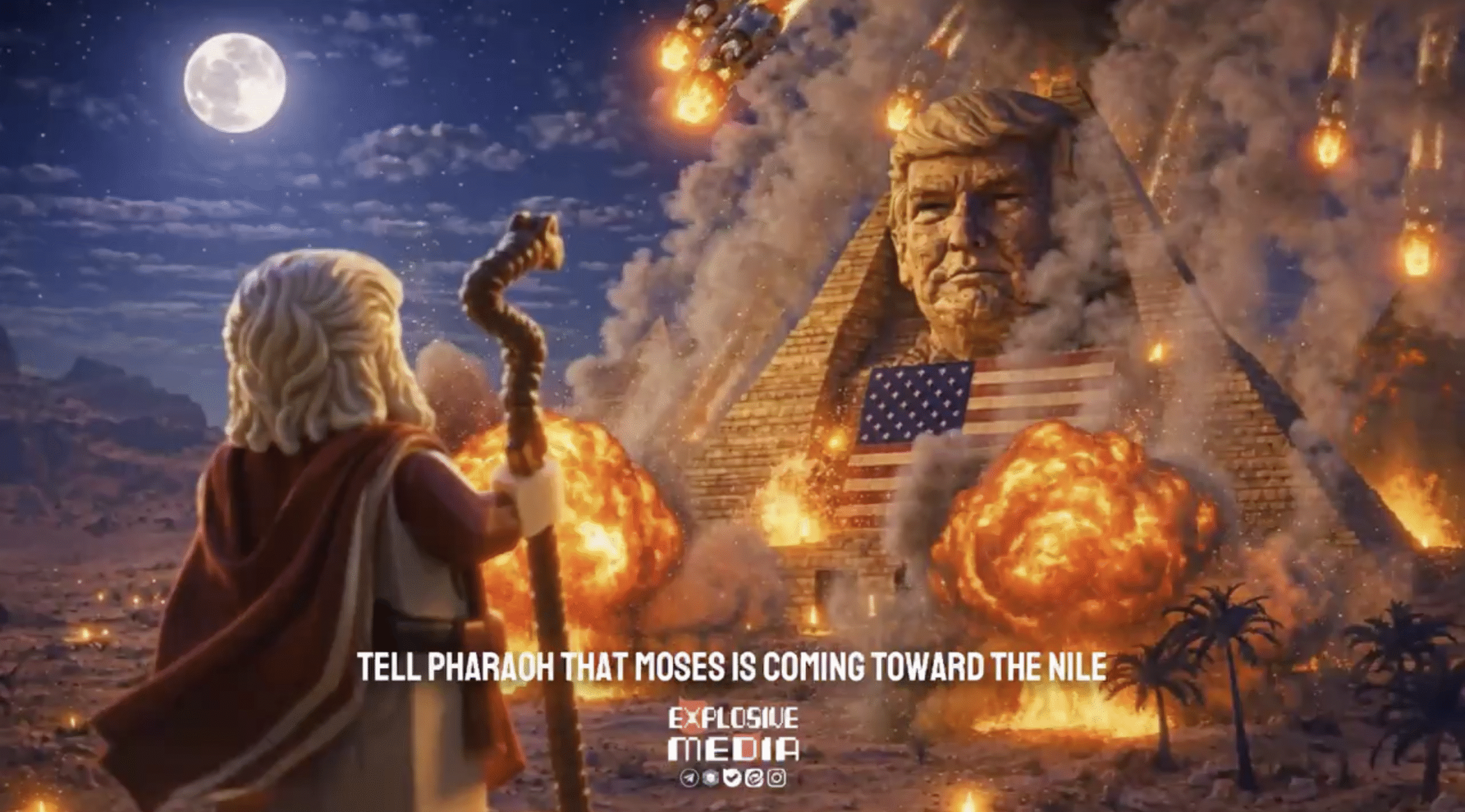 An AI-generated image depicting a Lego Moses standing in front of a pyramid into which Donald Trump’s face is etched. The pyramid is being bombarded by missiles.