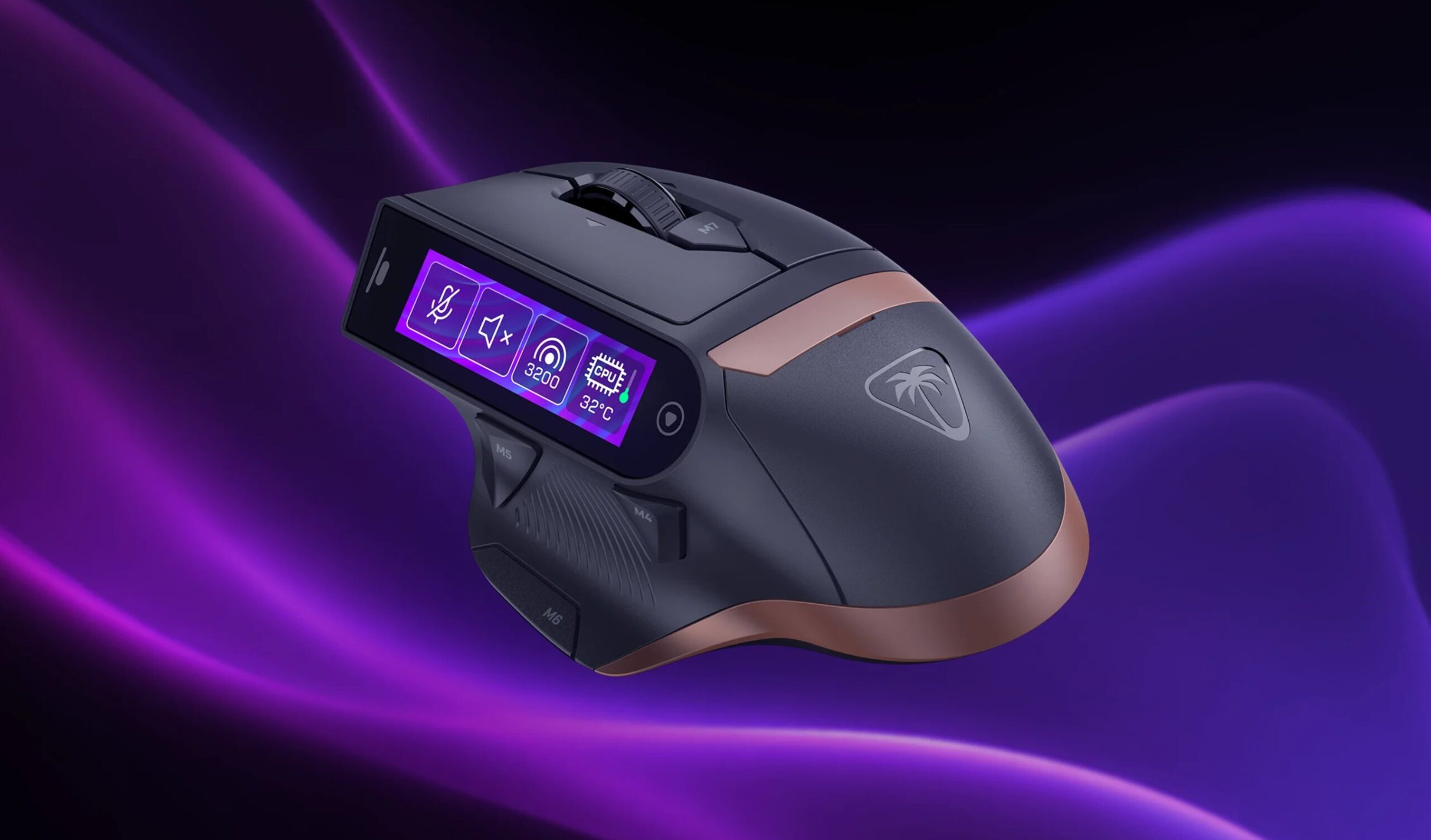 The Turtle Beach wireless MC7 Command Series gaming mouse showing its integrated touchscreen bar.