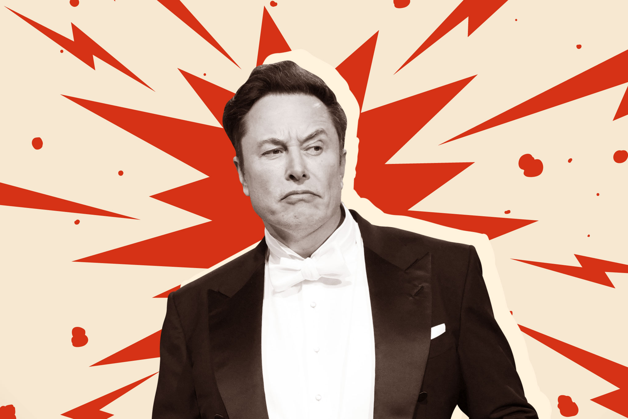 Elon Musk on a red and beige cartoon background.
