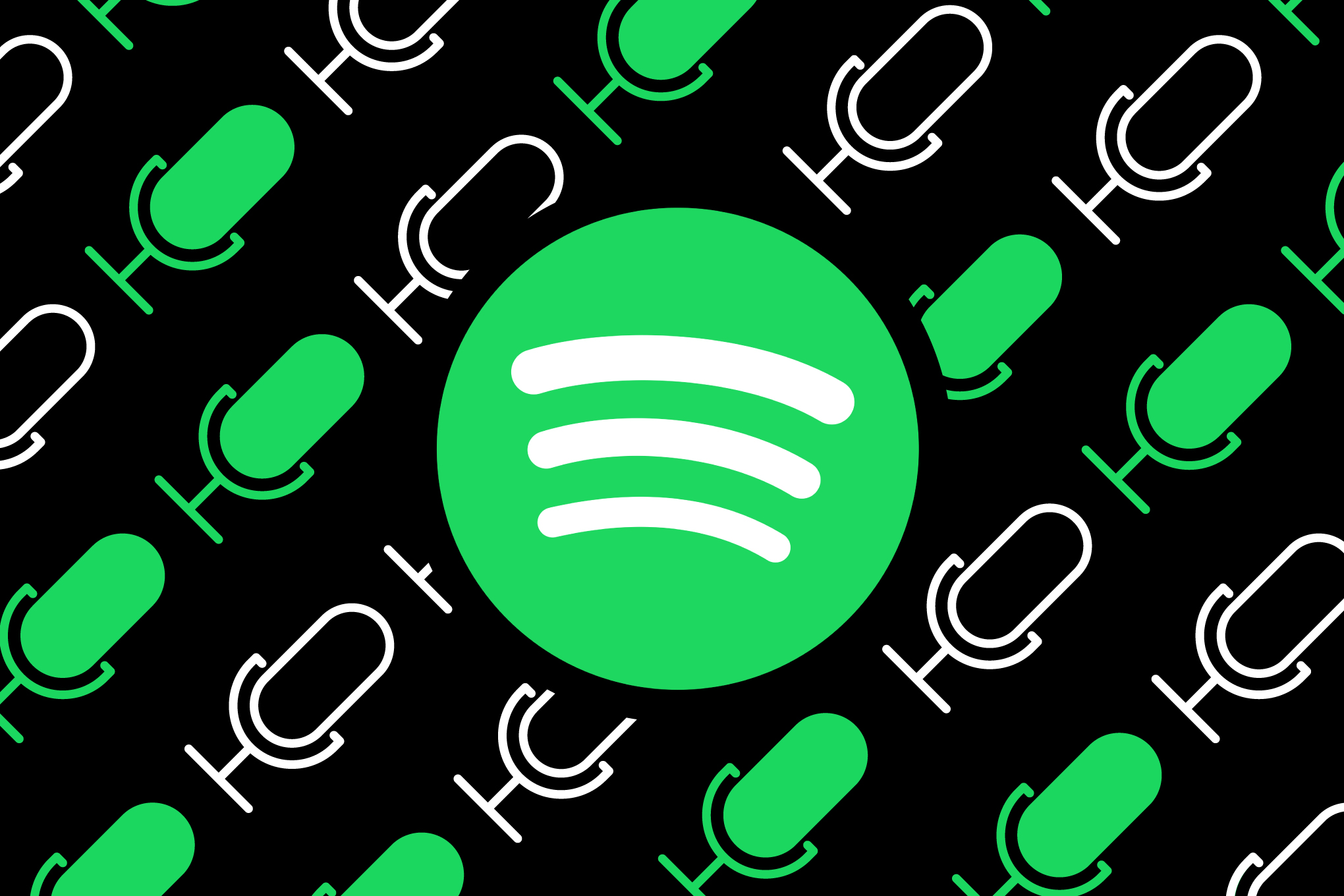 An image showing the Spotify logo surrounded by microphones