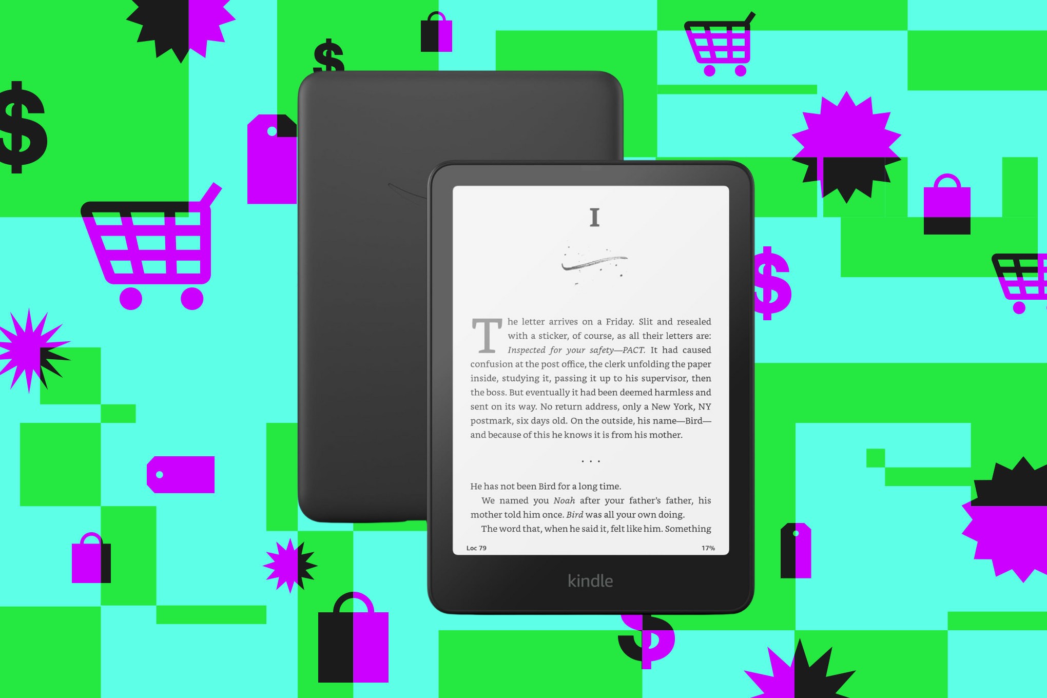 The 12th Generation Kindle Paperwhite on a teal, green, and purple background.