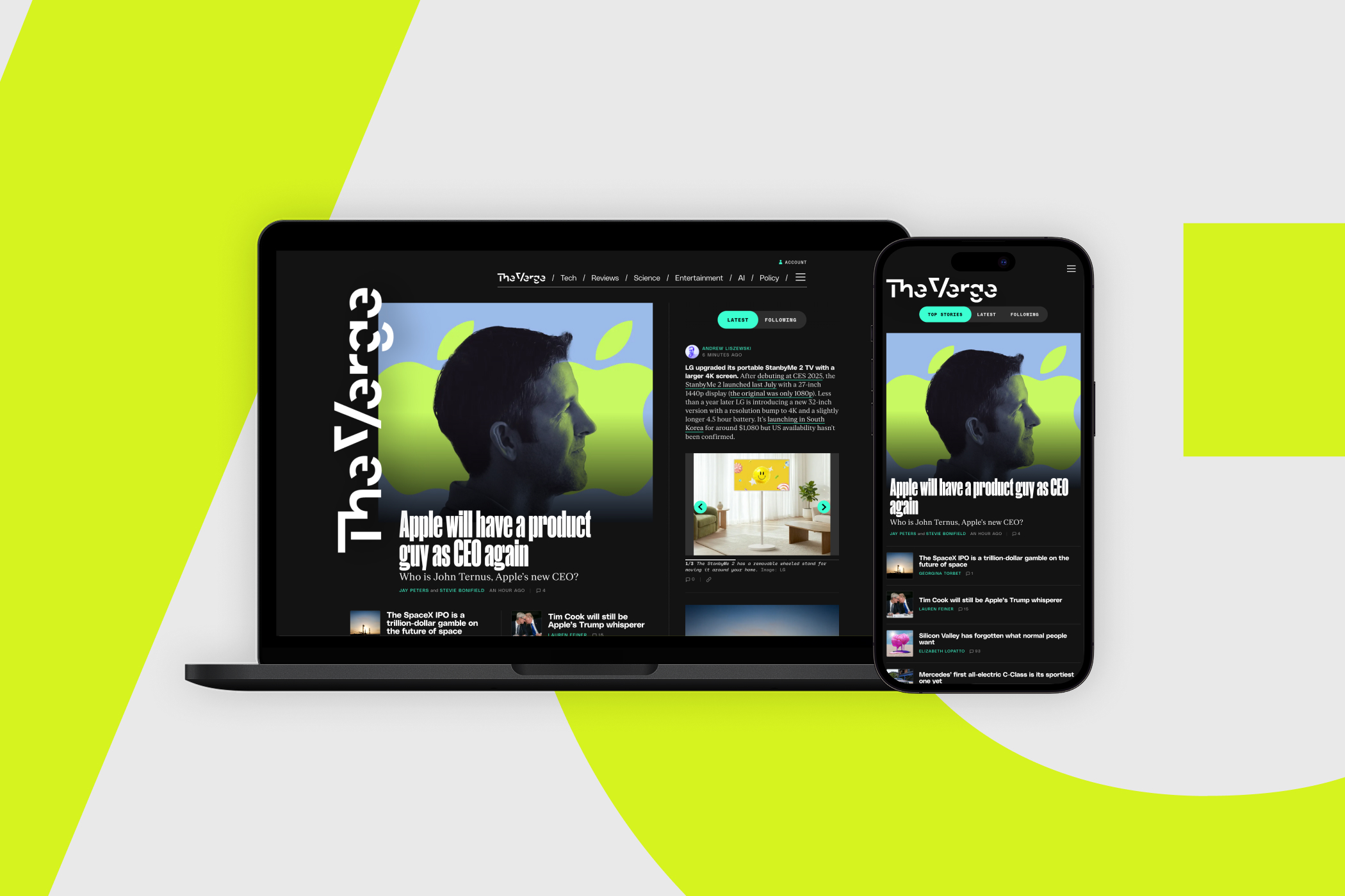 Promotional image showing The Verge’s redesigned homepage on a laptop and smartphone, featuring a split layout with a large featured story on the left and a chronological news feed on the right, set against a gray background with bright yellow accents.