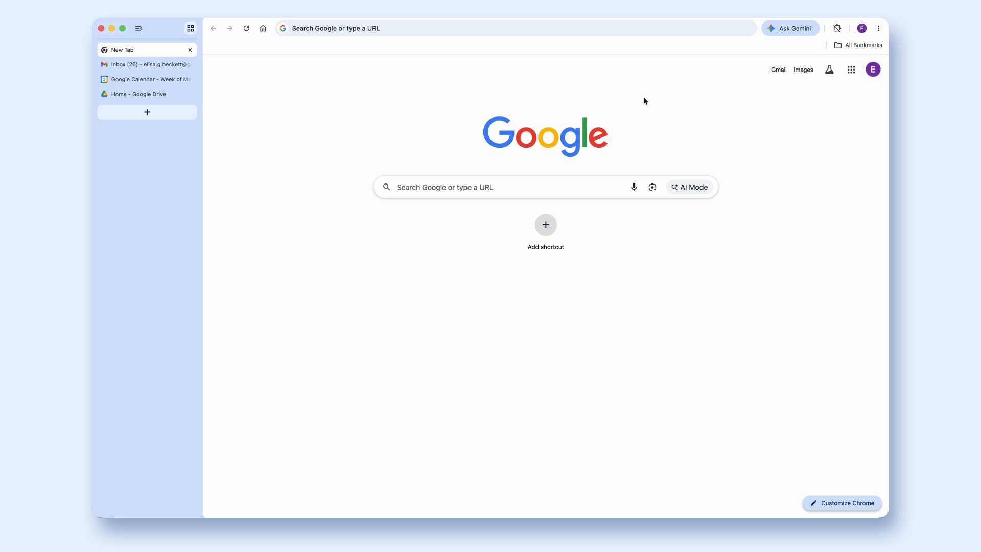 A screenshot of Google Chrome, with vertical tabs, on a blue background.