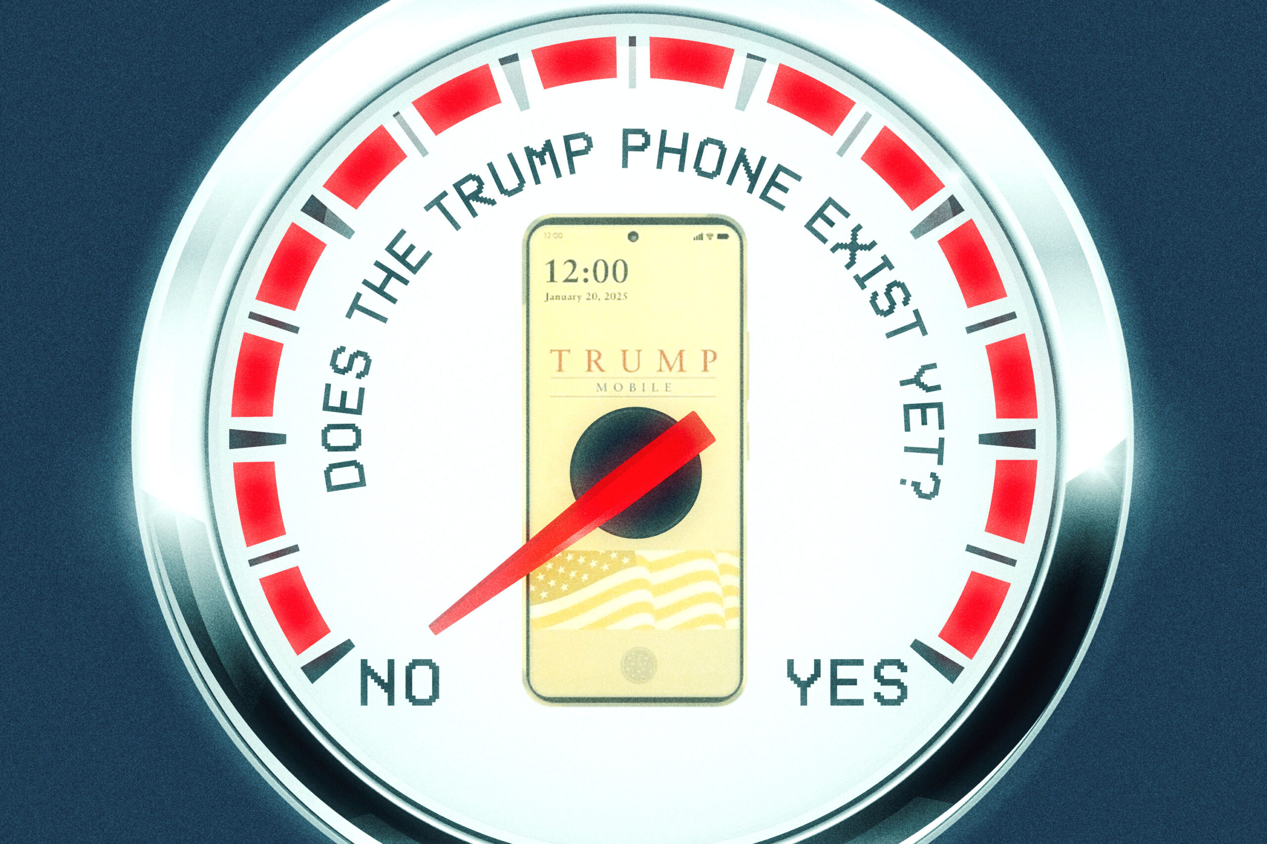 Speedometer-style dial to measure whether the Trump Phone exists or not, pointing to ‘no’.