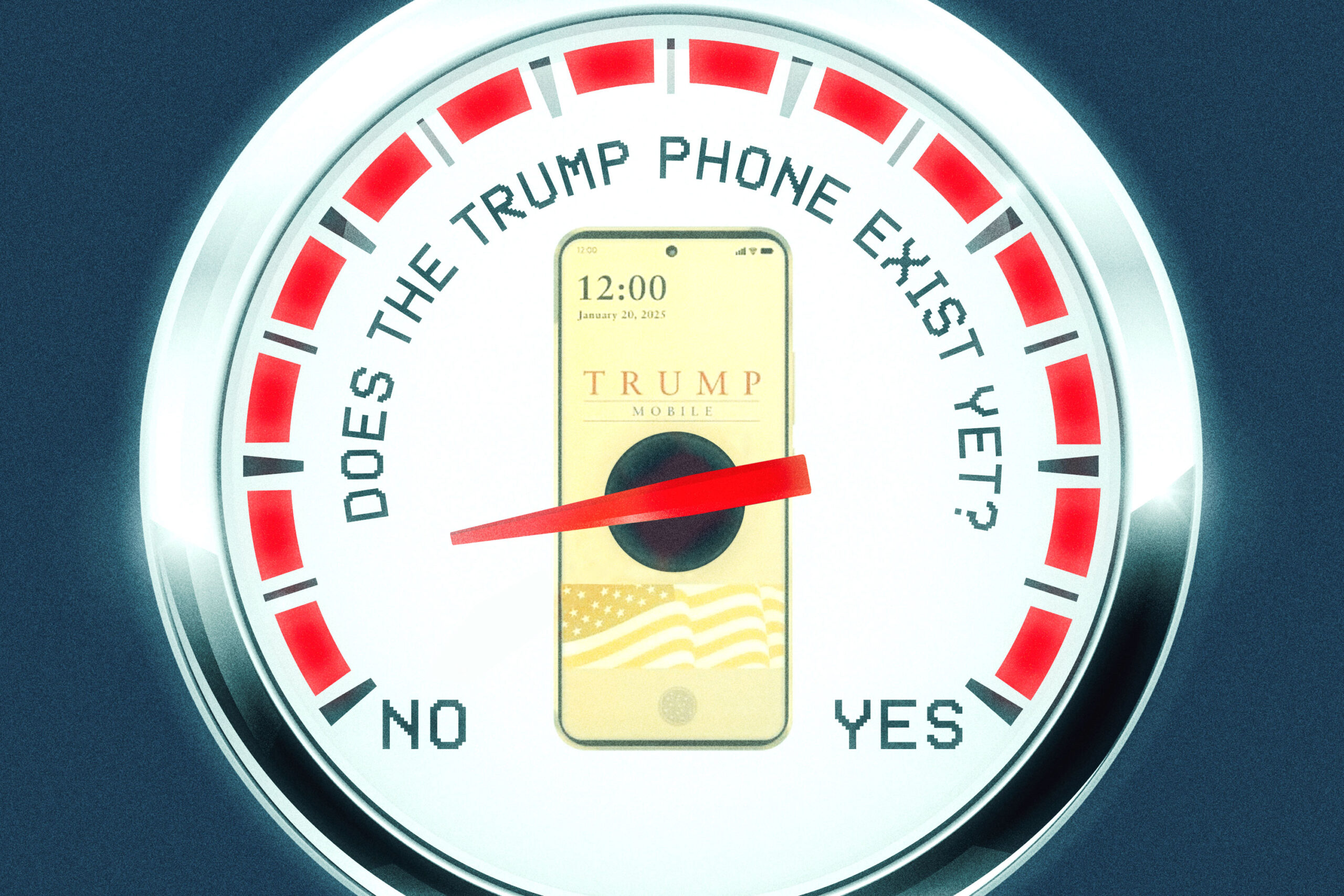 Speedometer-style dial to measure whether the Trump Phone exists or not, pointing to just past ‘no’.