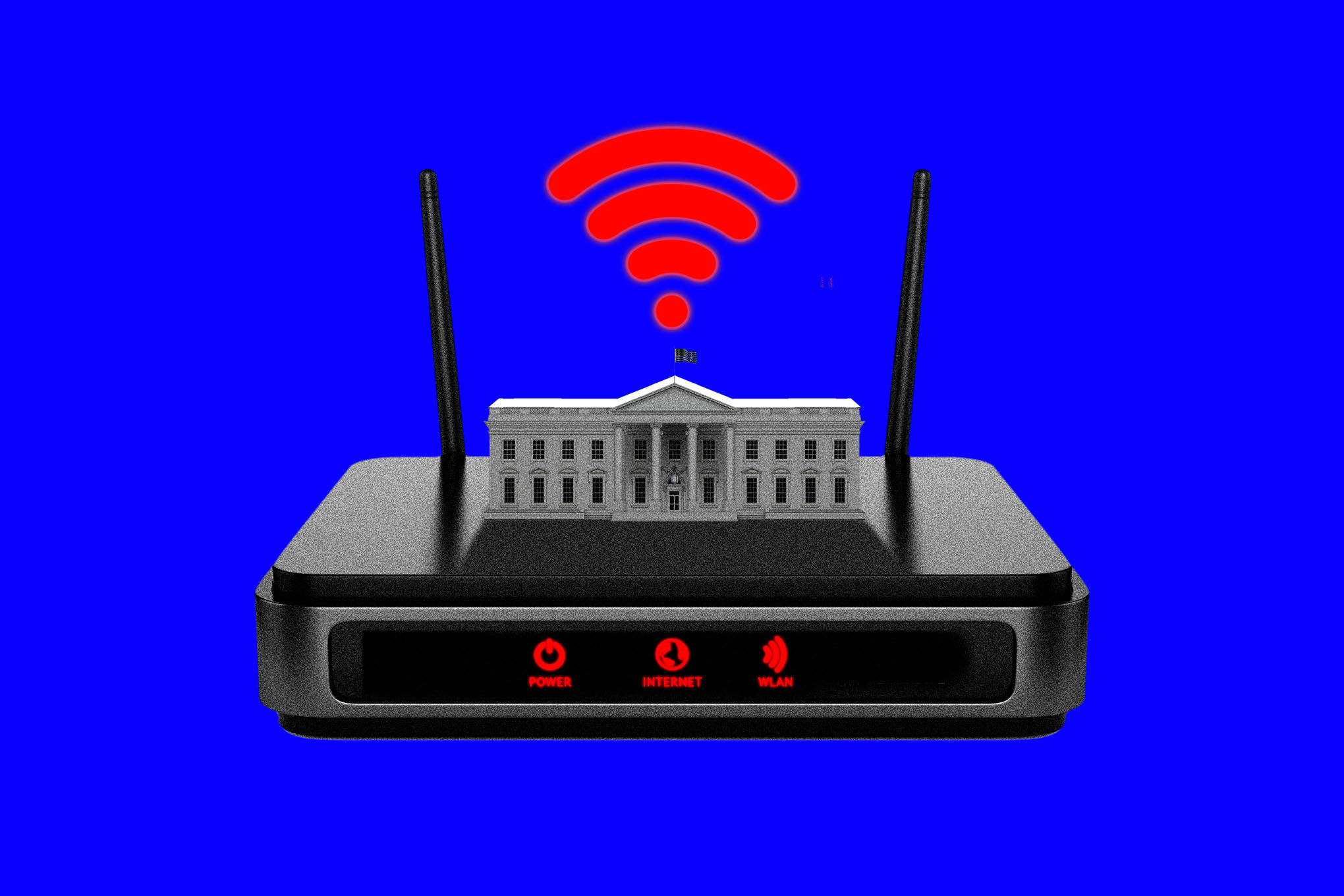 Illustration of the White House on top of a Wi-Fi router.