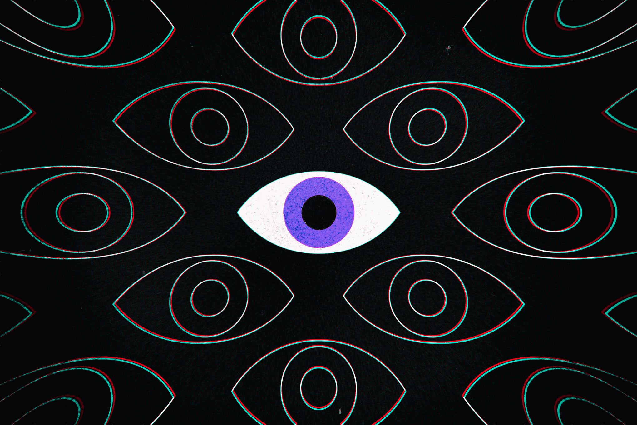 An illustration of a large eye surrounded by other eyes