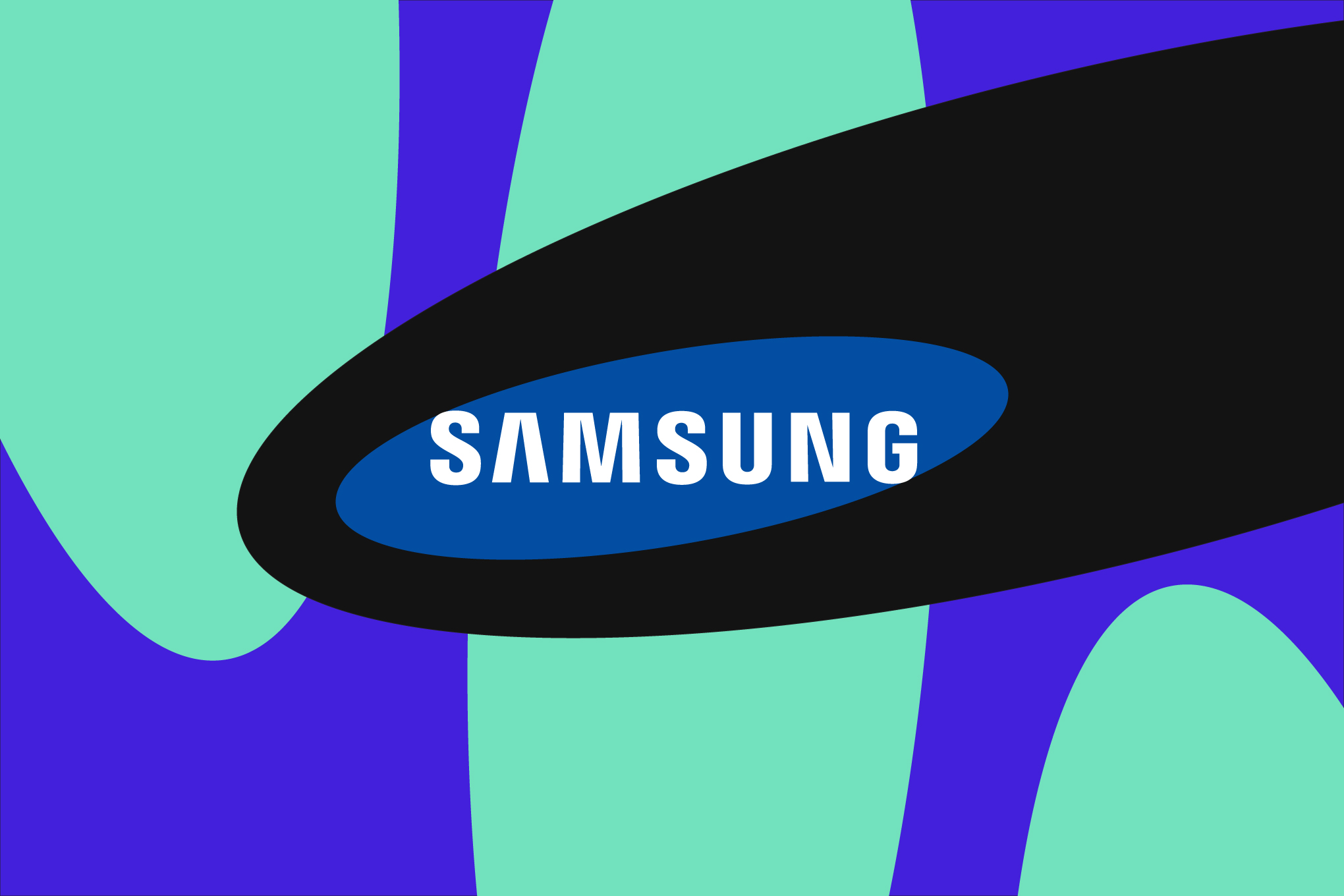 A graphic of the Samsung logo with abstract shapes behind it