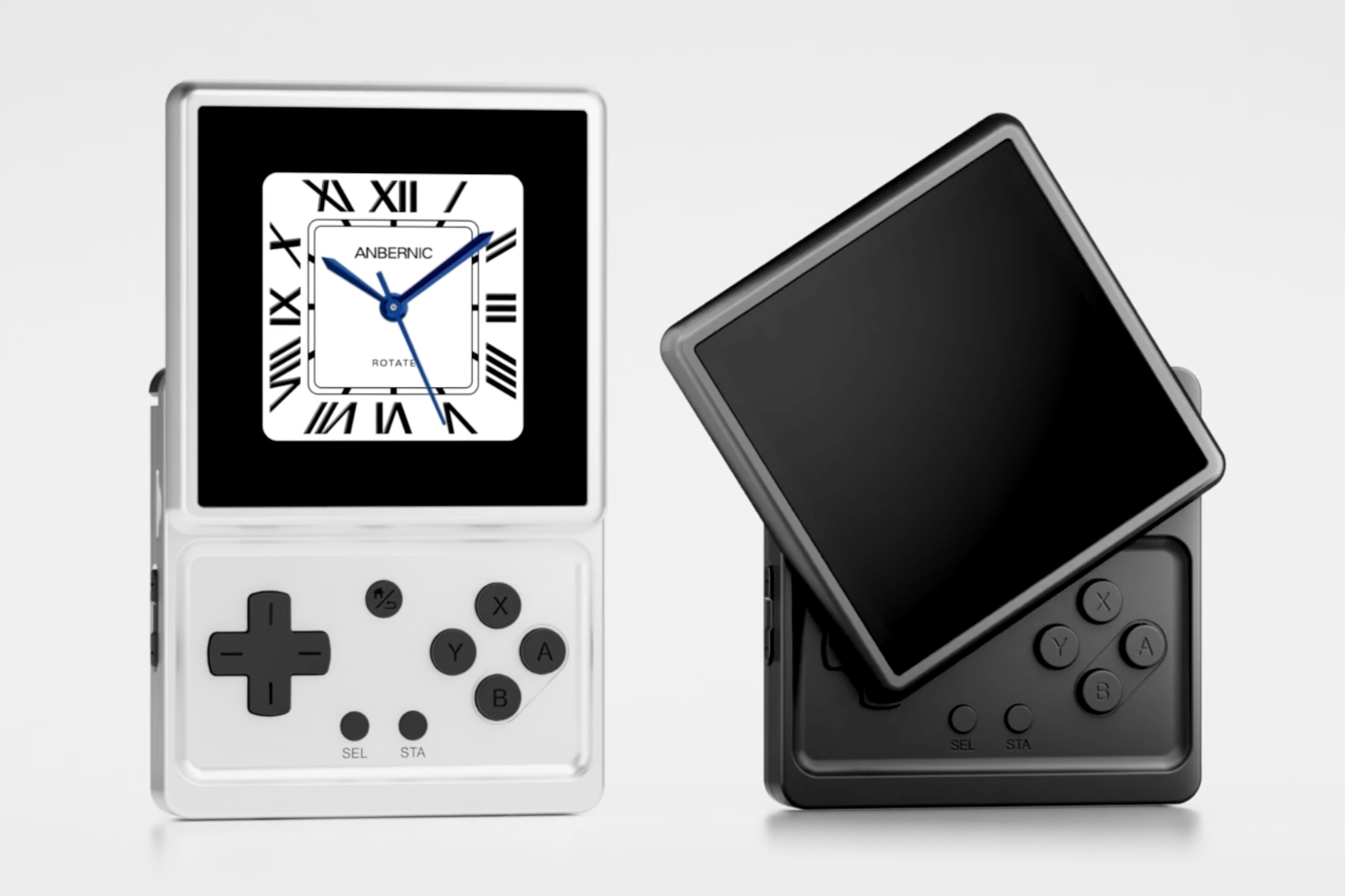 Two versions of the Anbernic RG Rotate in both the black and silver color options.