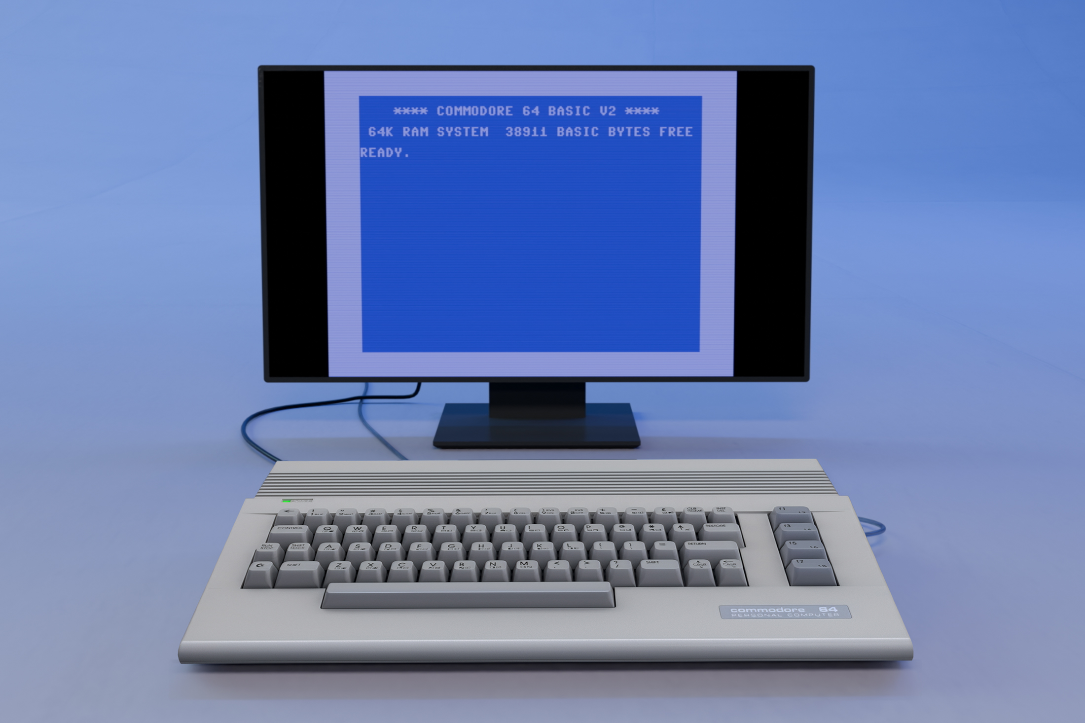The C64C Ultimate connected to a display showing its home screen.