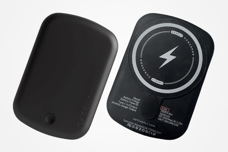 A recalled wireless power bank from Casely pictured from the front and back.