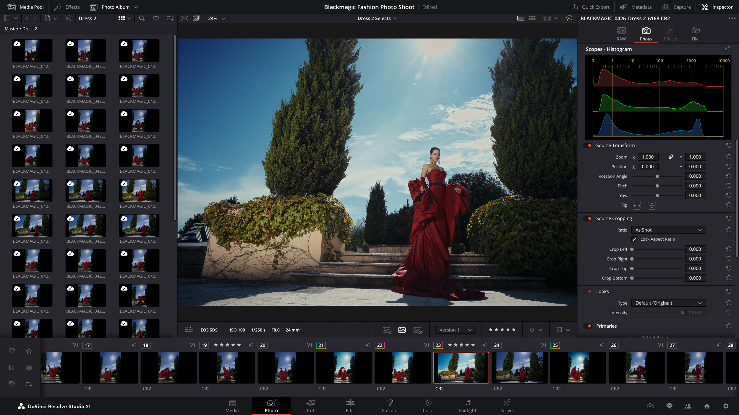 A screenshot of Blackmagic Design’s DaVinci Resolve 21 editing a photo.