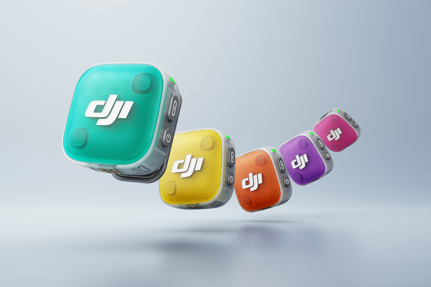 The DJI Mic Mini 2 shown with several different magnetic covers attached.