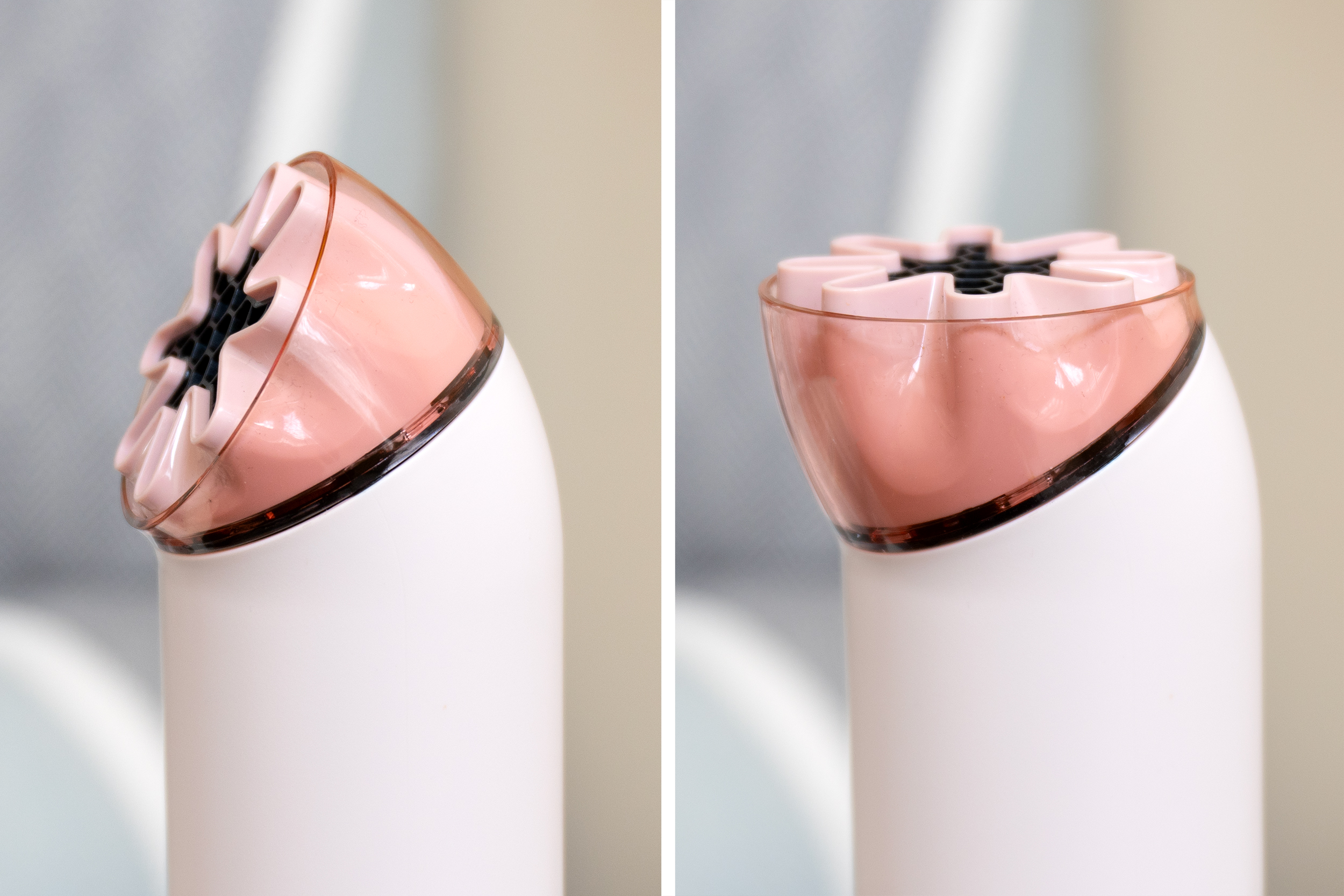 Two photos showing how the angle of the nozzle on the Dyson HushJet Mini Cool can be adjusted.