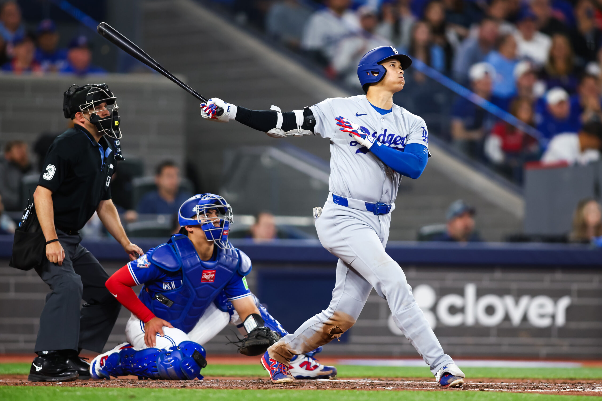 A photo of Shohei Ohtani swinging against the Toronto Blue Jays in their MLB game at Rogers Centre on April 7, 2026