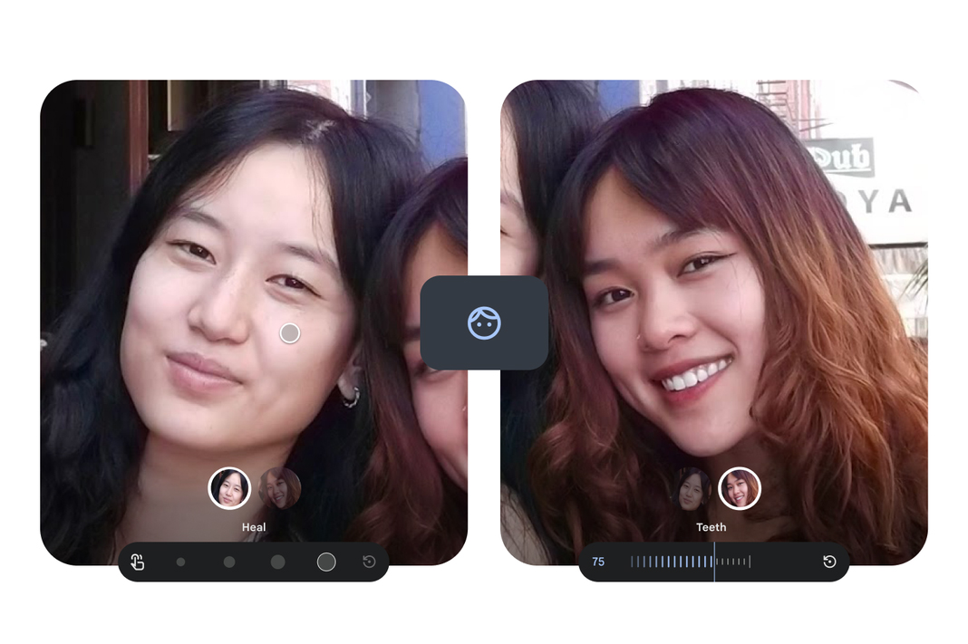 Faces on two Google Photos images being adjusted using new touch-up tools.
