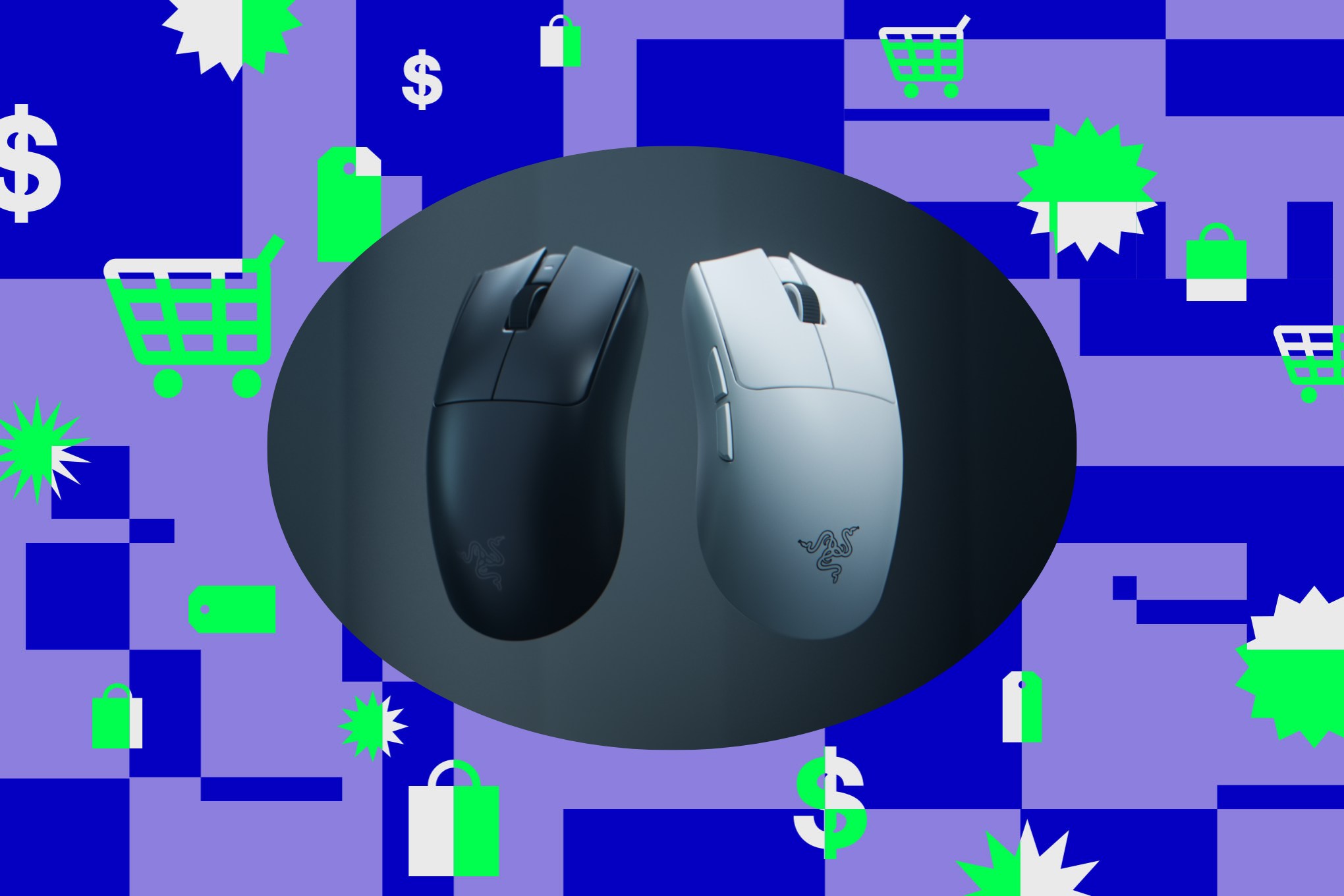 An image showing the Razer Viper V4 Pro gaming mouse in black and white on a background of various shapes and colors.