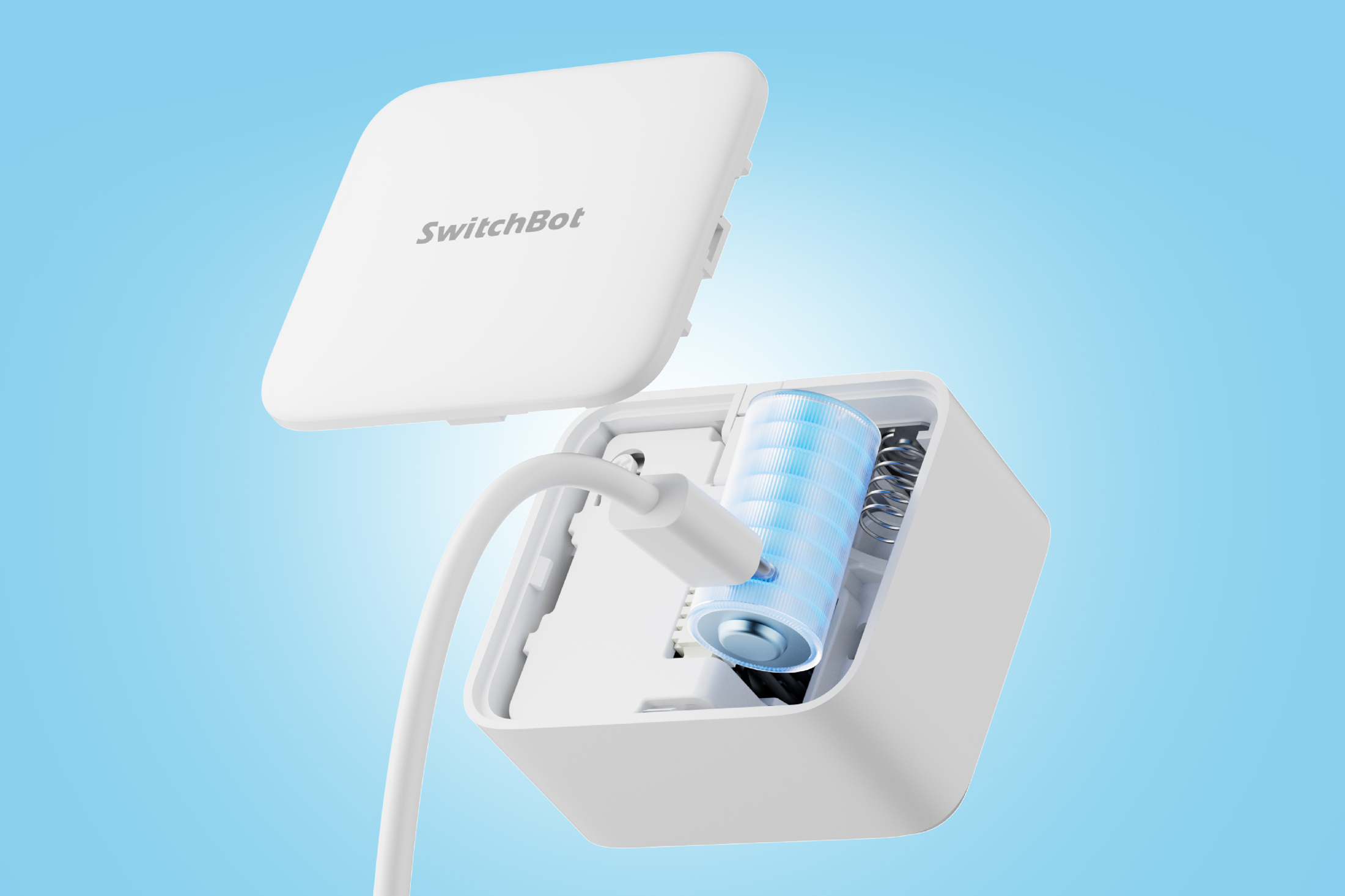 A SwitchBot Bot Rechargeable with its cover removed and a USB-C cable being plugged in.