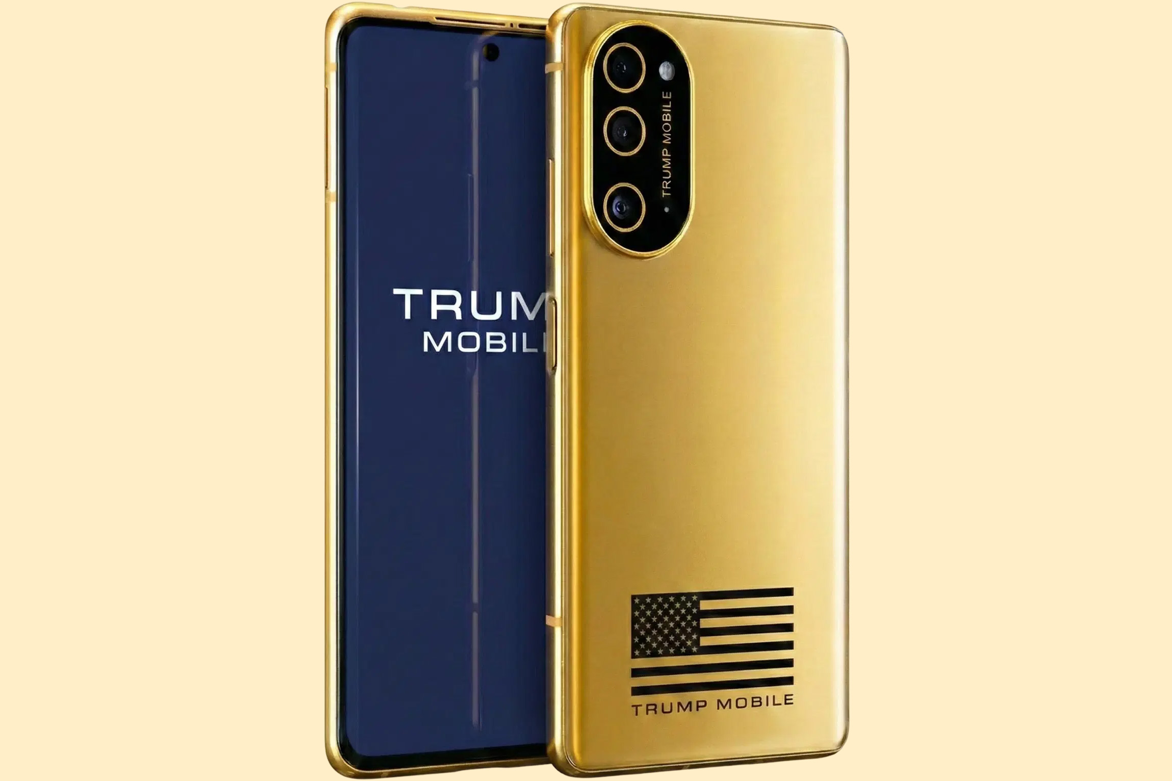 Promotional image of the redesigned Trump Mobile T1 Phone on a beige background