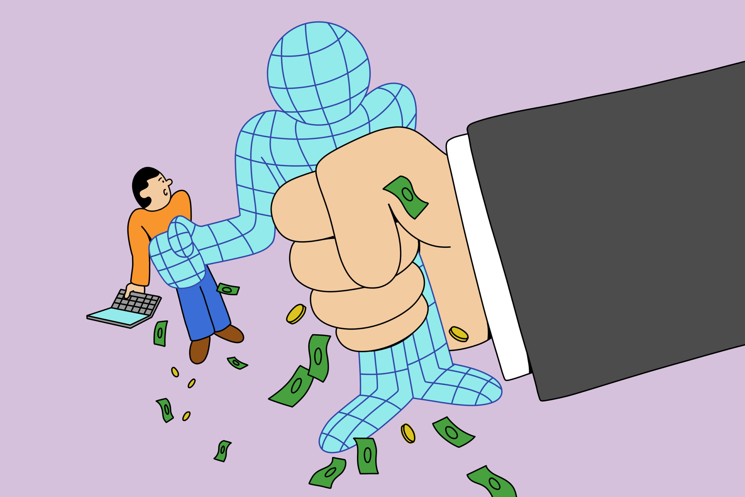 A small human figure with a laptop being squeezed by a larger humanoid shape covered in blue digital lines, itself being squeezed by a larger arm in a black suit sleeve.