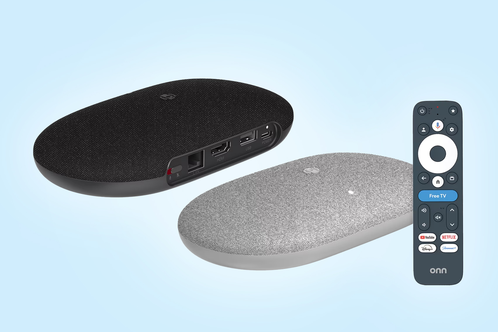 The Walmart Onn 4K Pro streaming box in black and gray finishes.