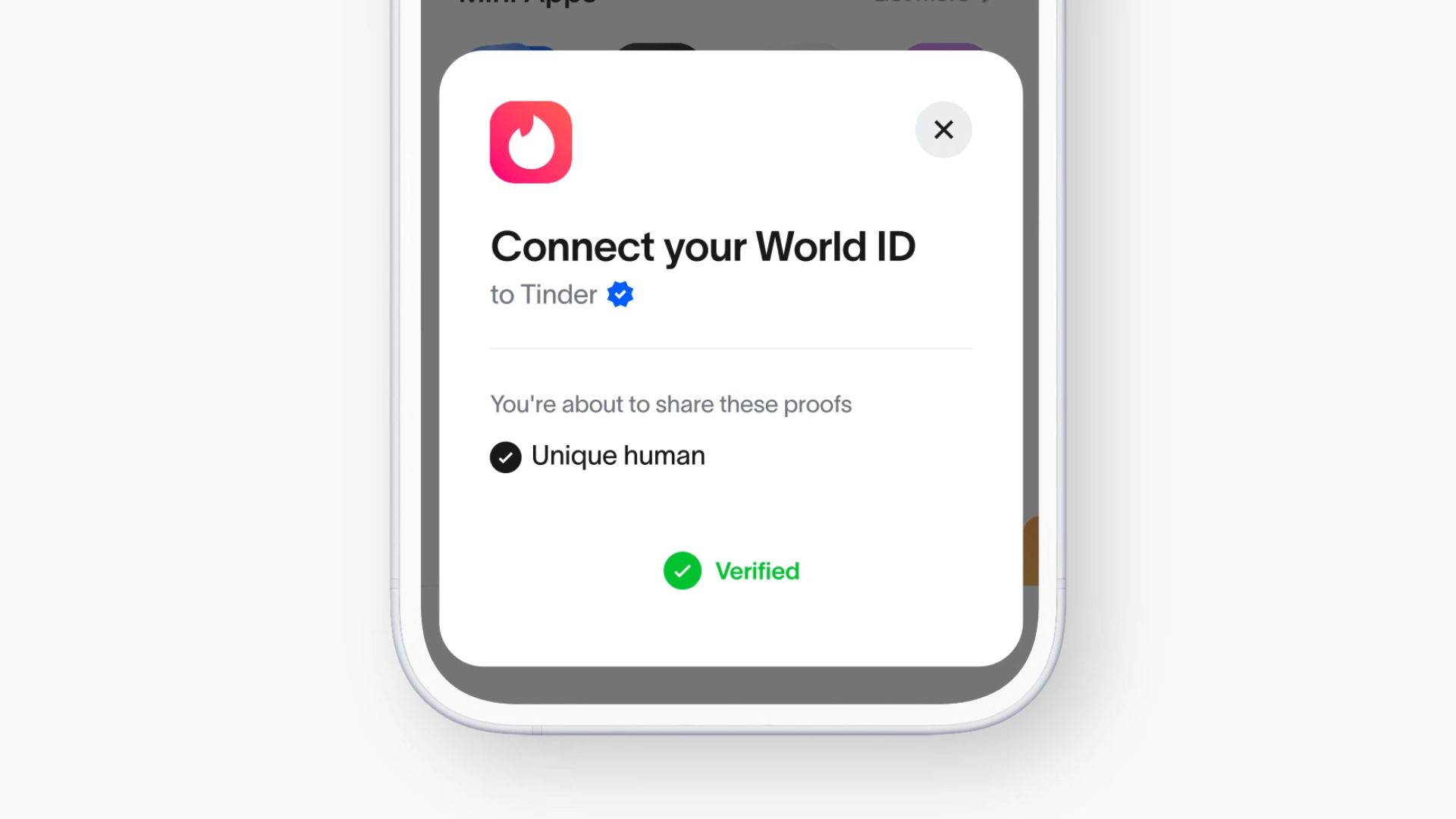 A screenshot of World ID verification on Tinder