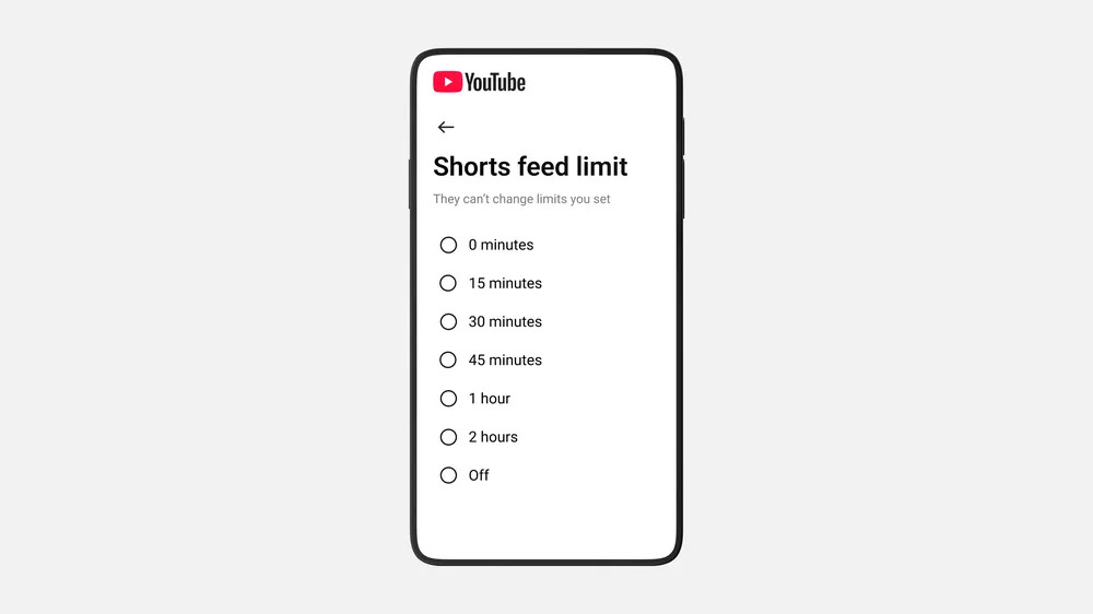 A screenshot of the time limit selection screen for YouTube’s Shorts feed timer