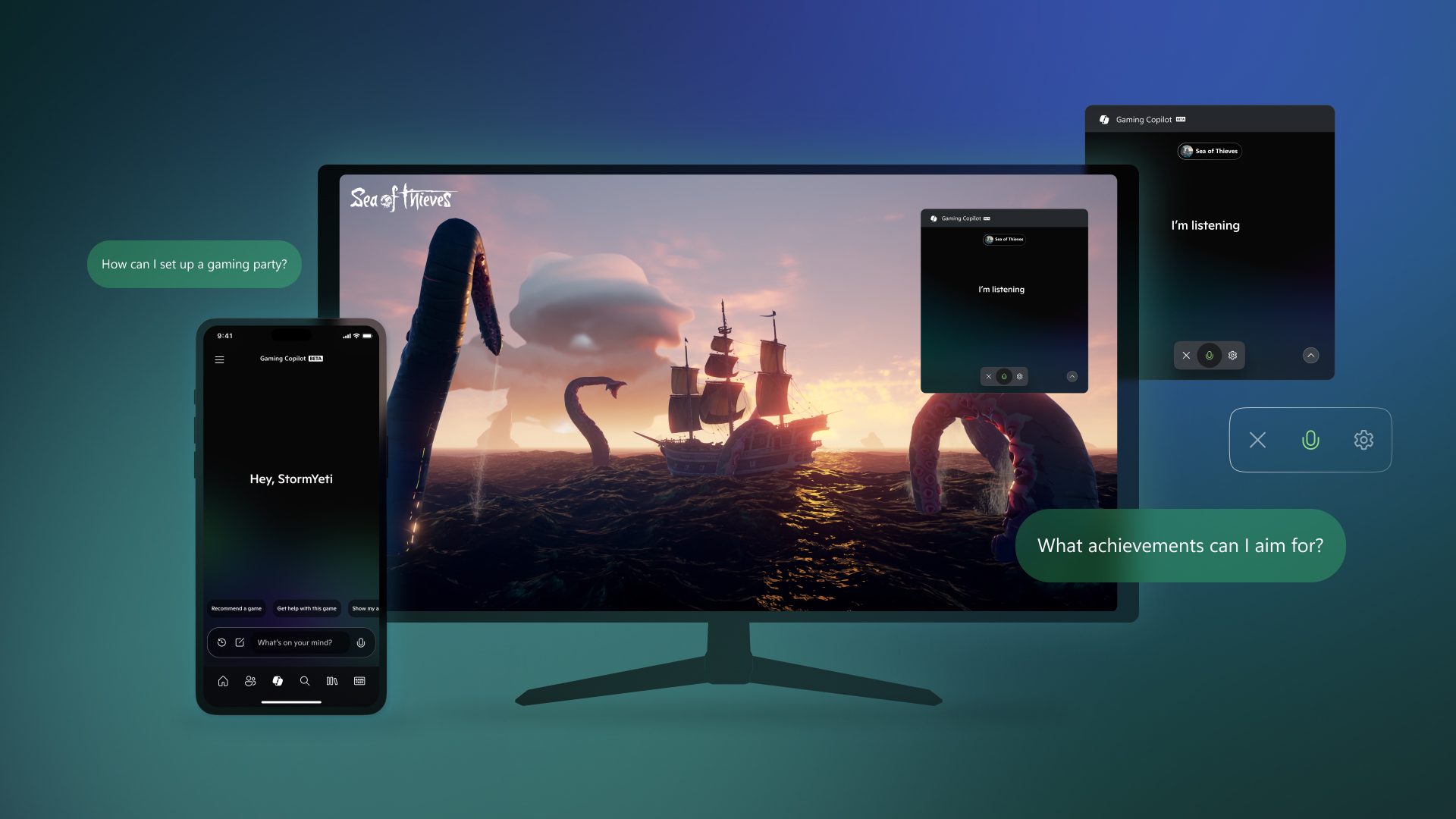 Promo image showing Xbox Copilot AI on mobile screens around a TV