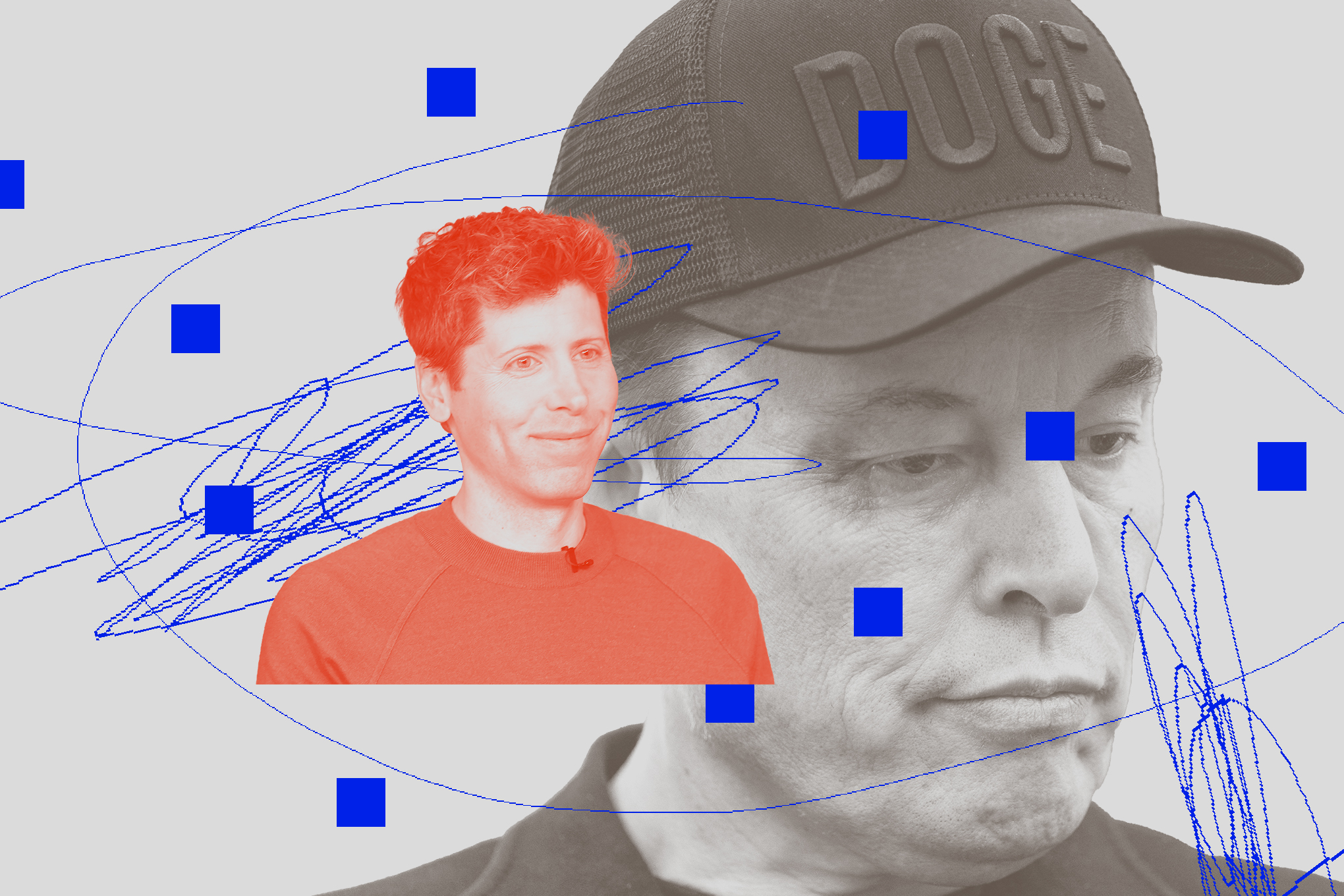 Graphic photo collage of Sam Altman and Elon Musk.