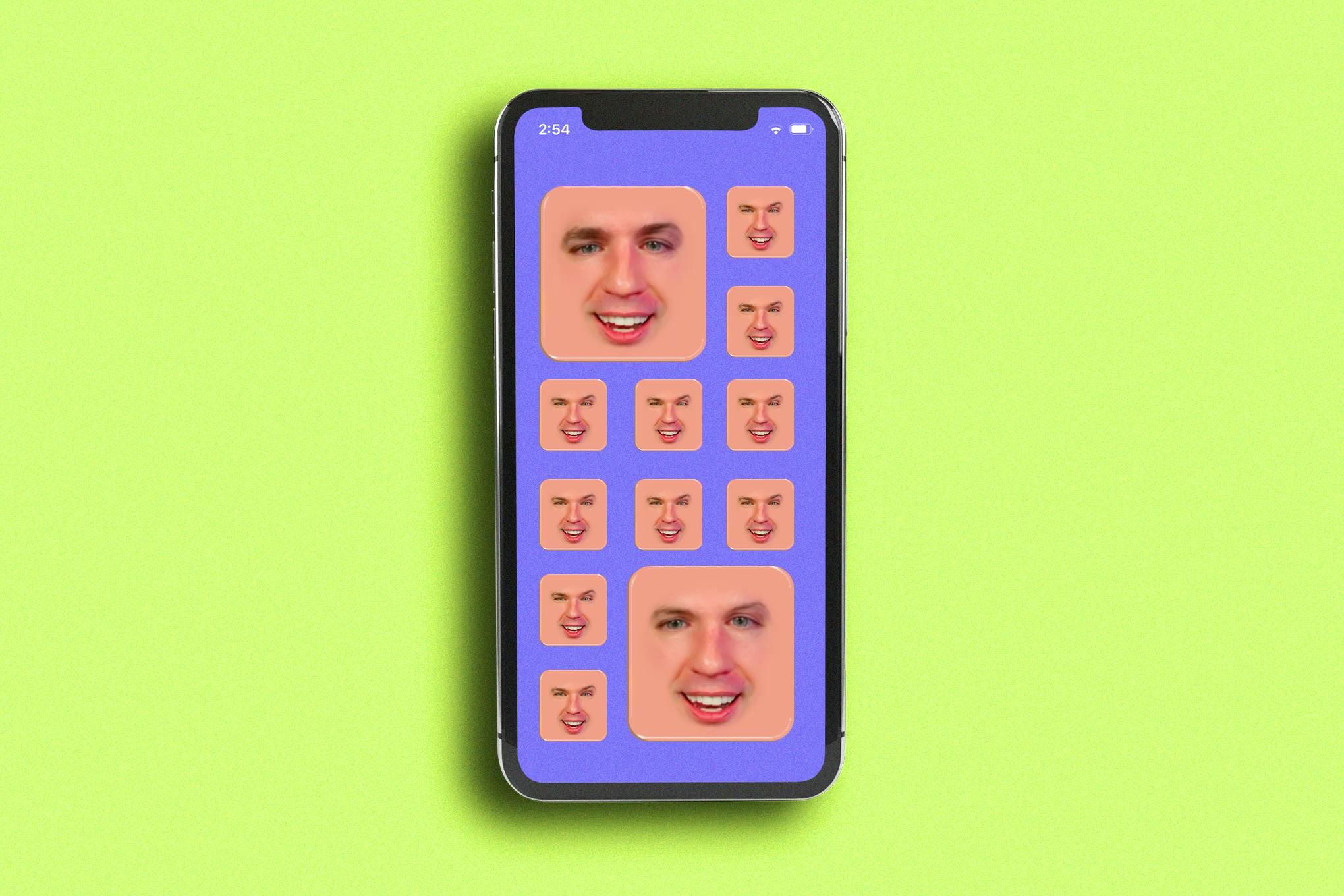 Image of a smart phone filled with apps that have David Pierce’s face on them.
