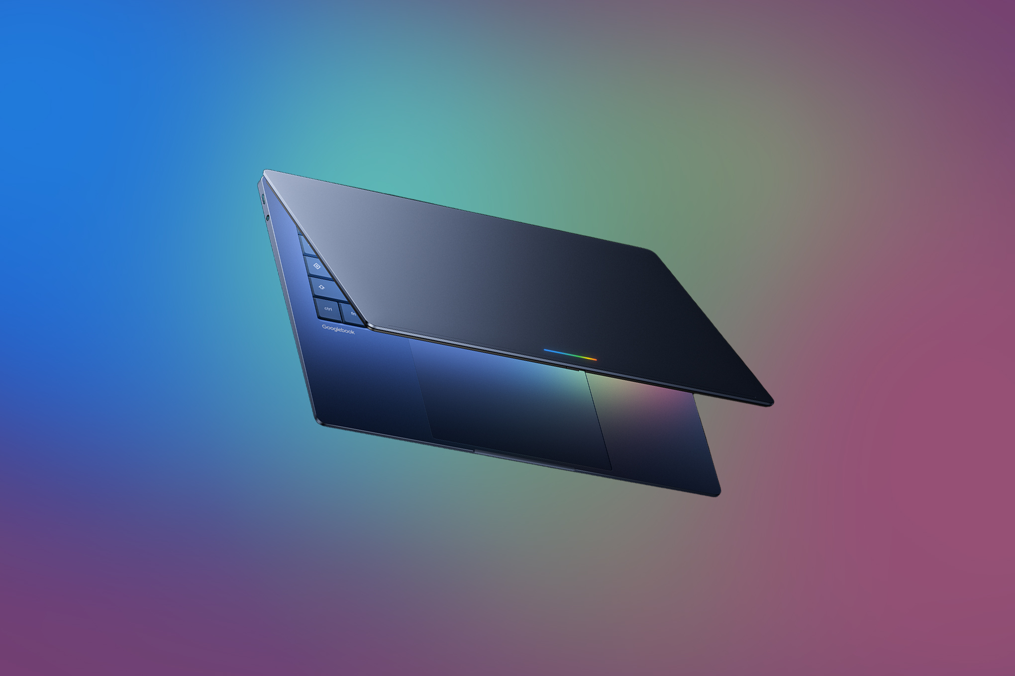 A Google Googlebook render against a multi-colored background.