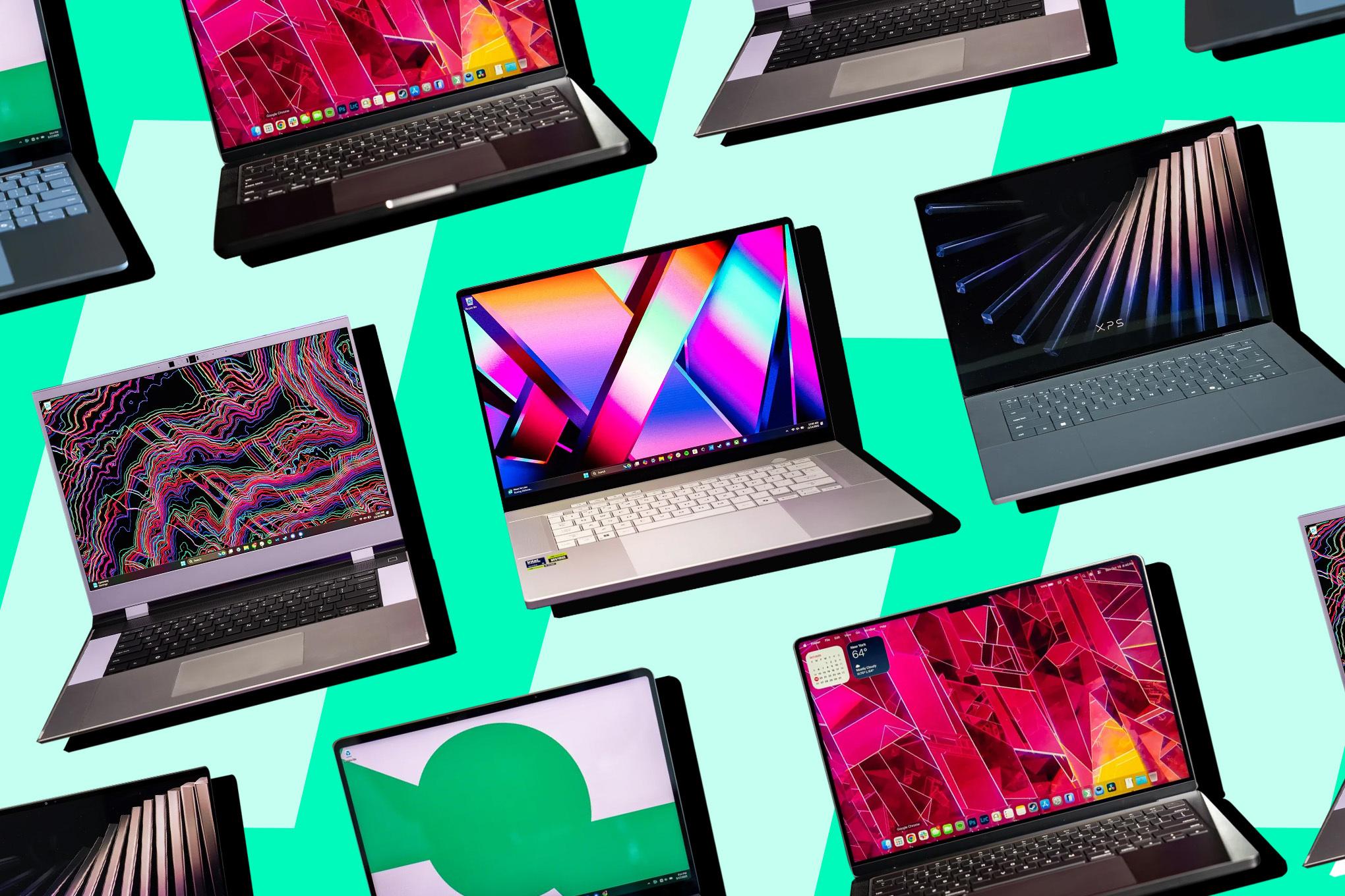 Three rows of laptops on a green background.