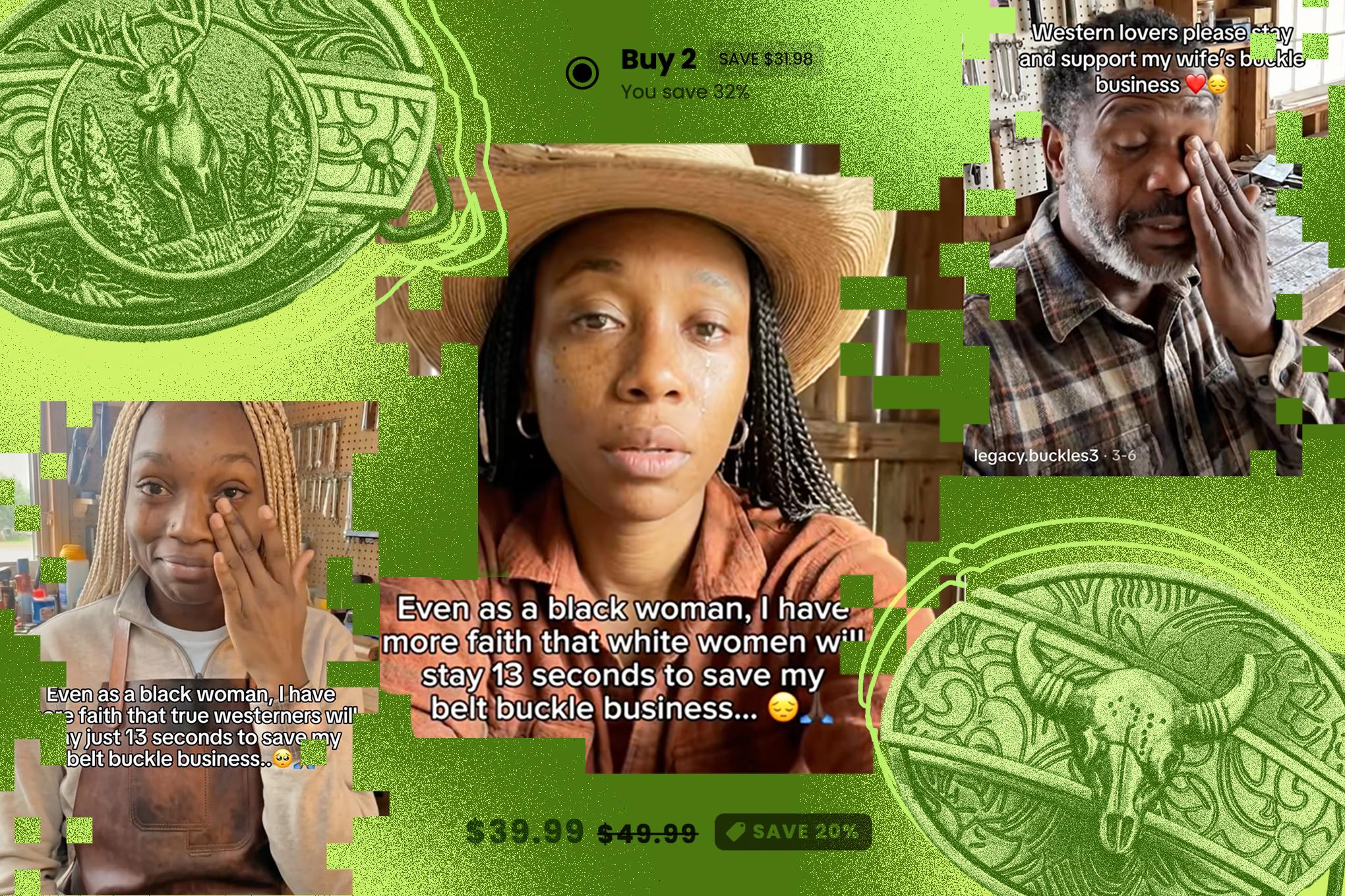 three screenshots of Black TikTok sellers, apparently AI generated, with a green background and belt buckle inlays