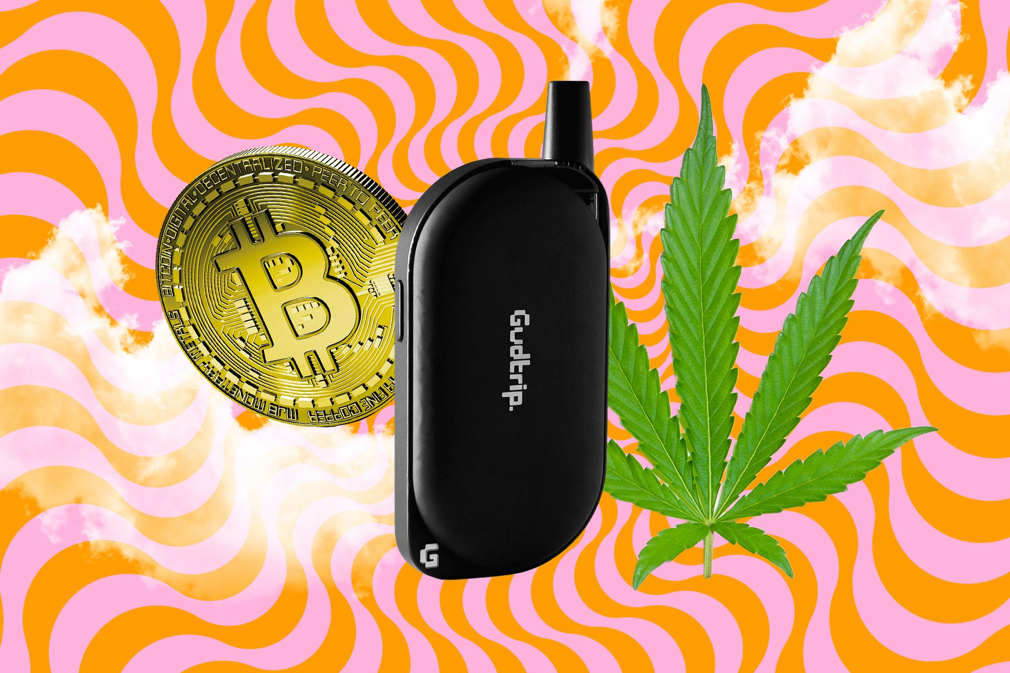A black weed vape next to a weed leaf and a Bitcoin on a trippy background.