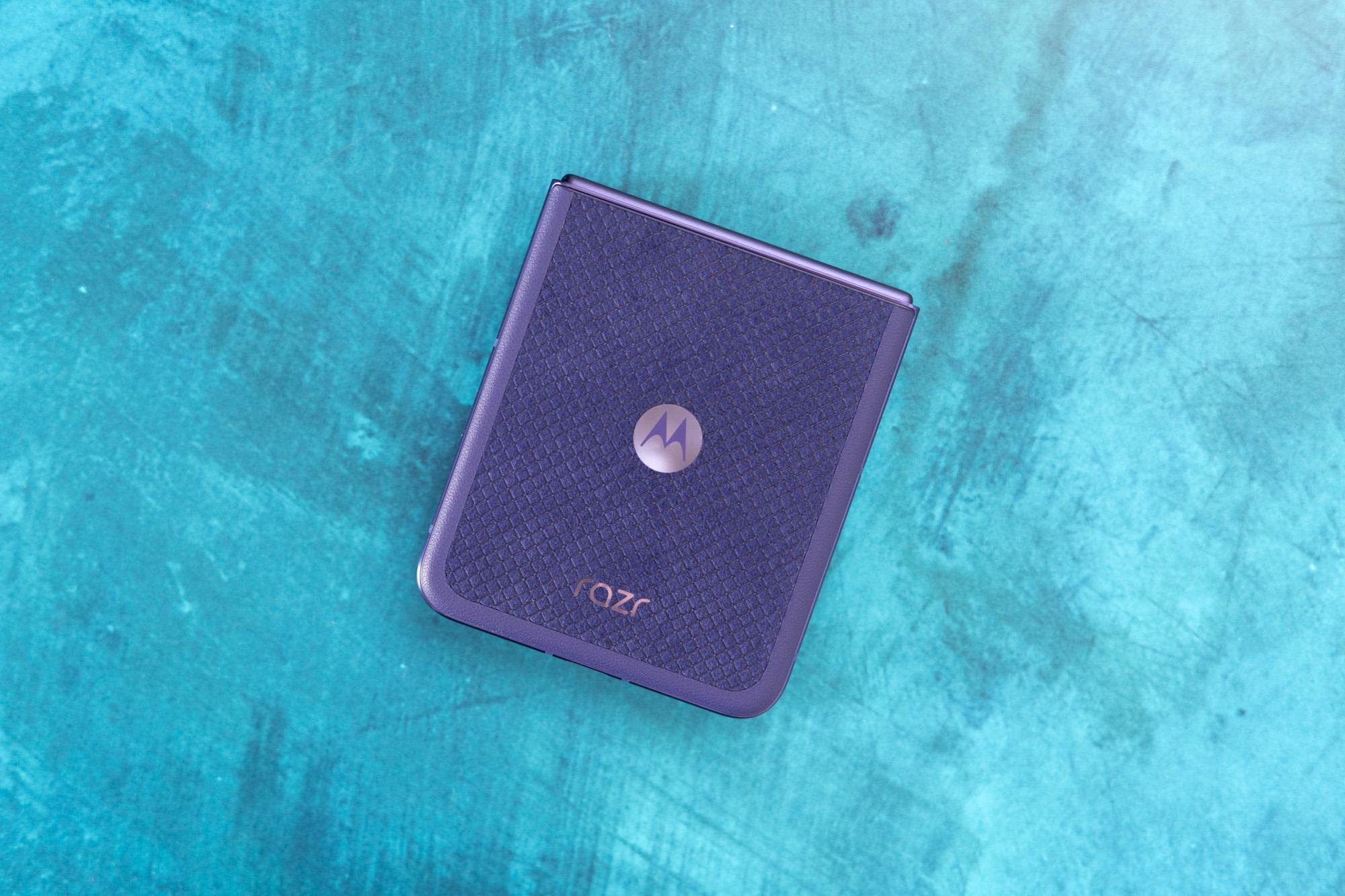 Motorola Razr Ultra 2026 showing orient blue back panel on a blue background