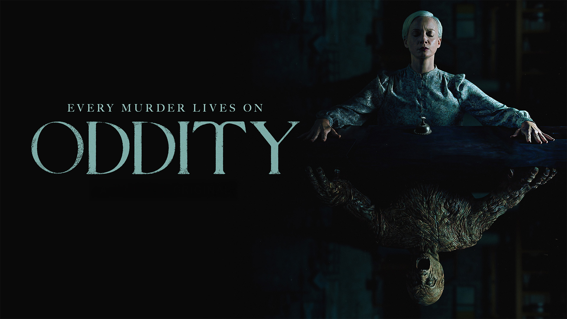 Promotional art for the movie Oddity featuring the protagonist with her hands on a table, mirrored by a wooden golem below her.