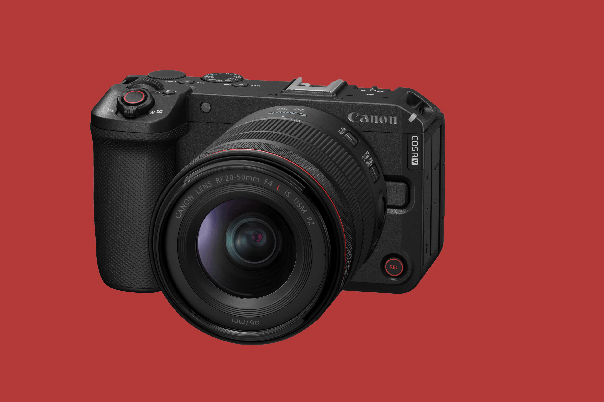 A Canon EOS R6 V against a red background.