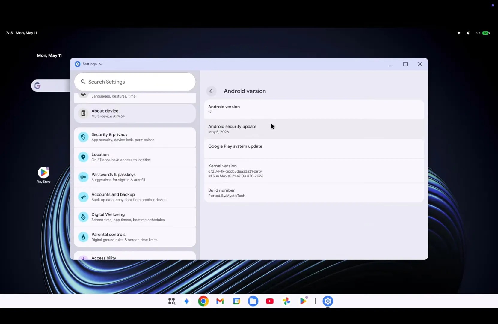 A leaked screenshot of Android running on a laptop from Mystic Leaks